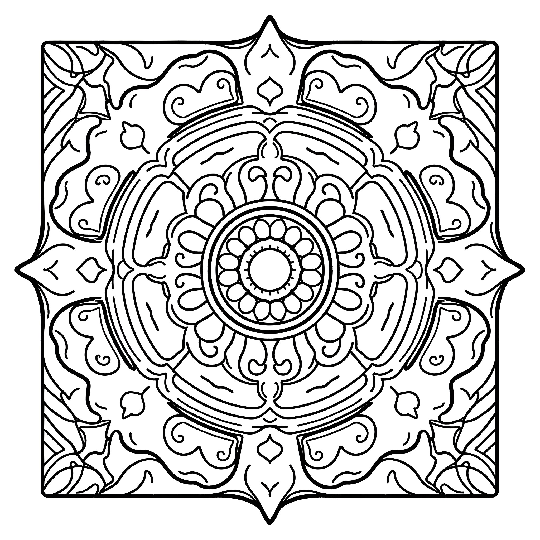 Mandala with intricate floral patterns and geometric shapes Coloring Page (free black-and-white line drawing printable PDF for all, from beginners to advanced learners, including children, teens, adults, and seniors)