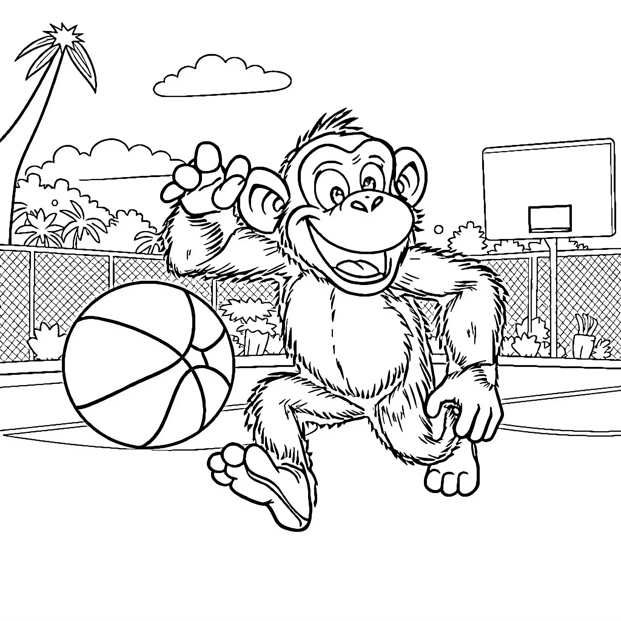 Chimpanzee playing with ball in zoo environment Coloring Page (free black-and-white line drawing printable PDF for all, from beginners to advanced learners, including children, teens, adults, and seniors)