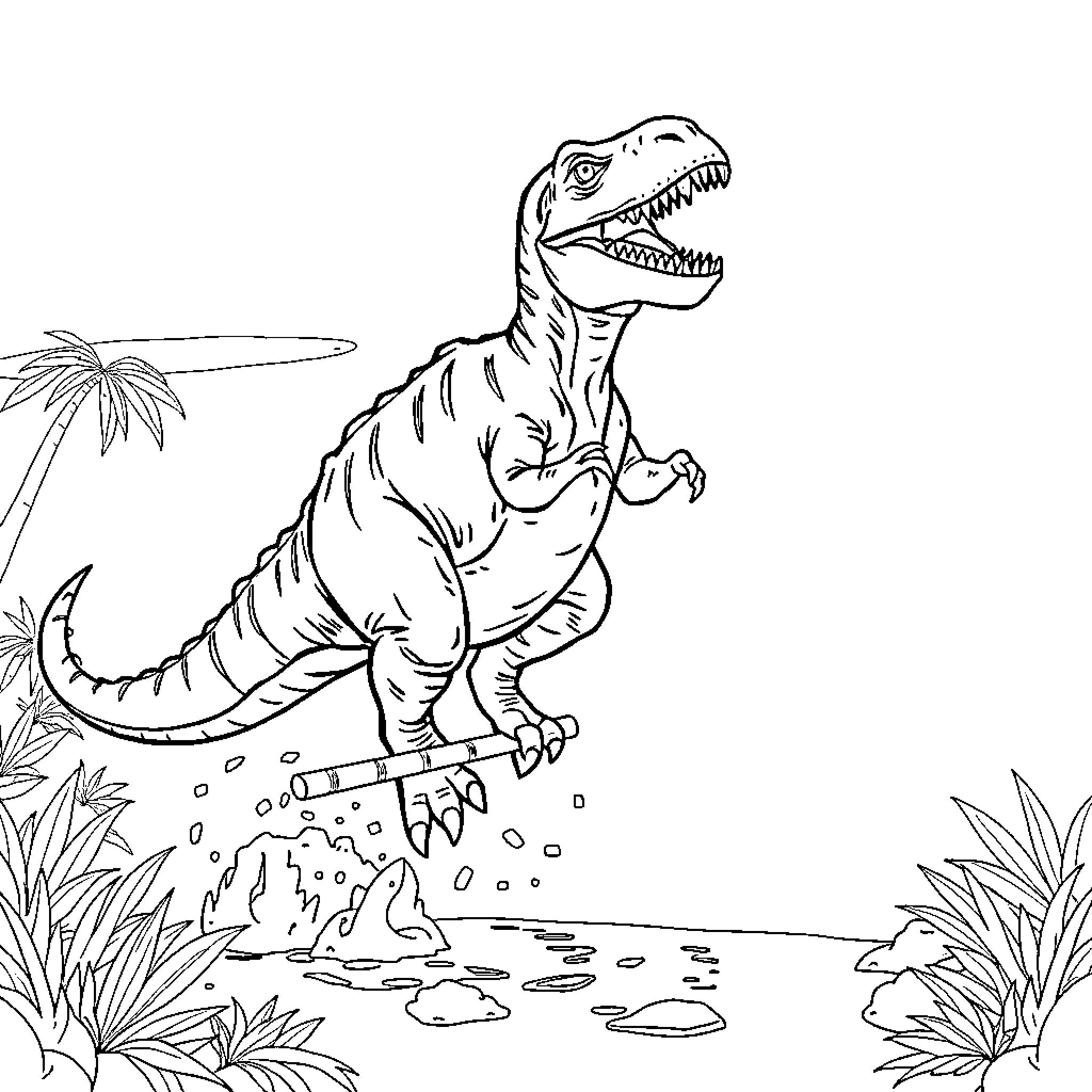 Dinosaur roaring in prehistoric landscape Coloring Page (free black-and-white line drawing printable PDF for all, from beginners to advanced learners, including children, teens, adults, and seniors)