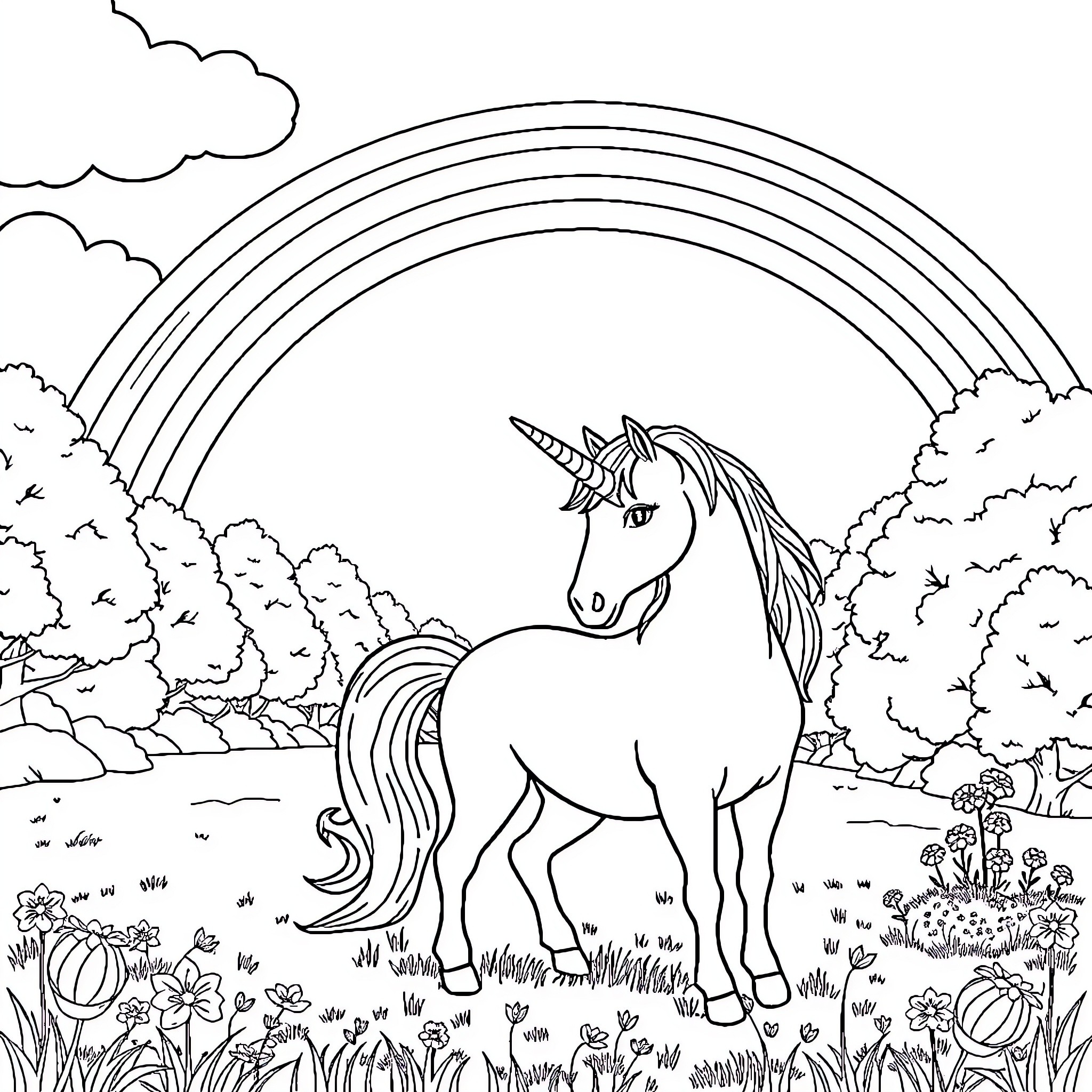 Unicorn standing in a magical meadow with a rainbow Coloring Page (free black-and-white line drawing printable PDF for all, from beginners to advanced learners, including children, teens, adults, and seniors)