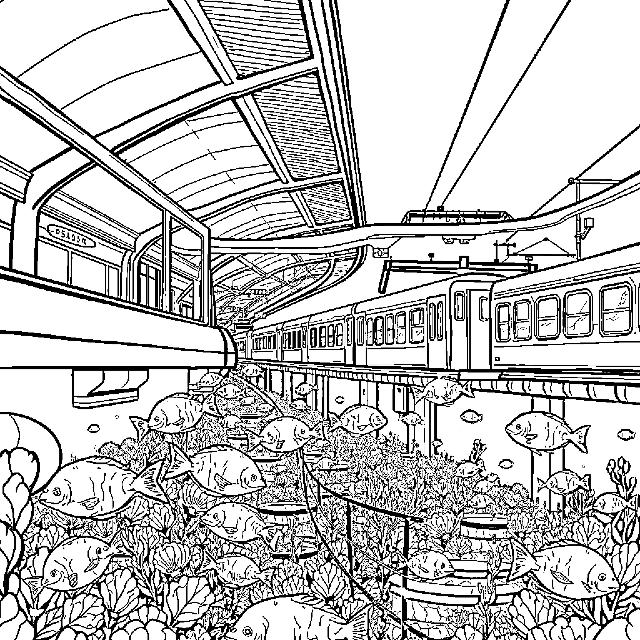 Train Station with Surreal Underwater Scene Coloring Page (free black-and-white line drawing printable PDF for all, from beginners to advanced learners, including children, teens, adults, and seniors)