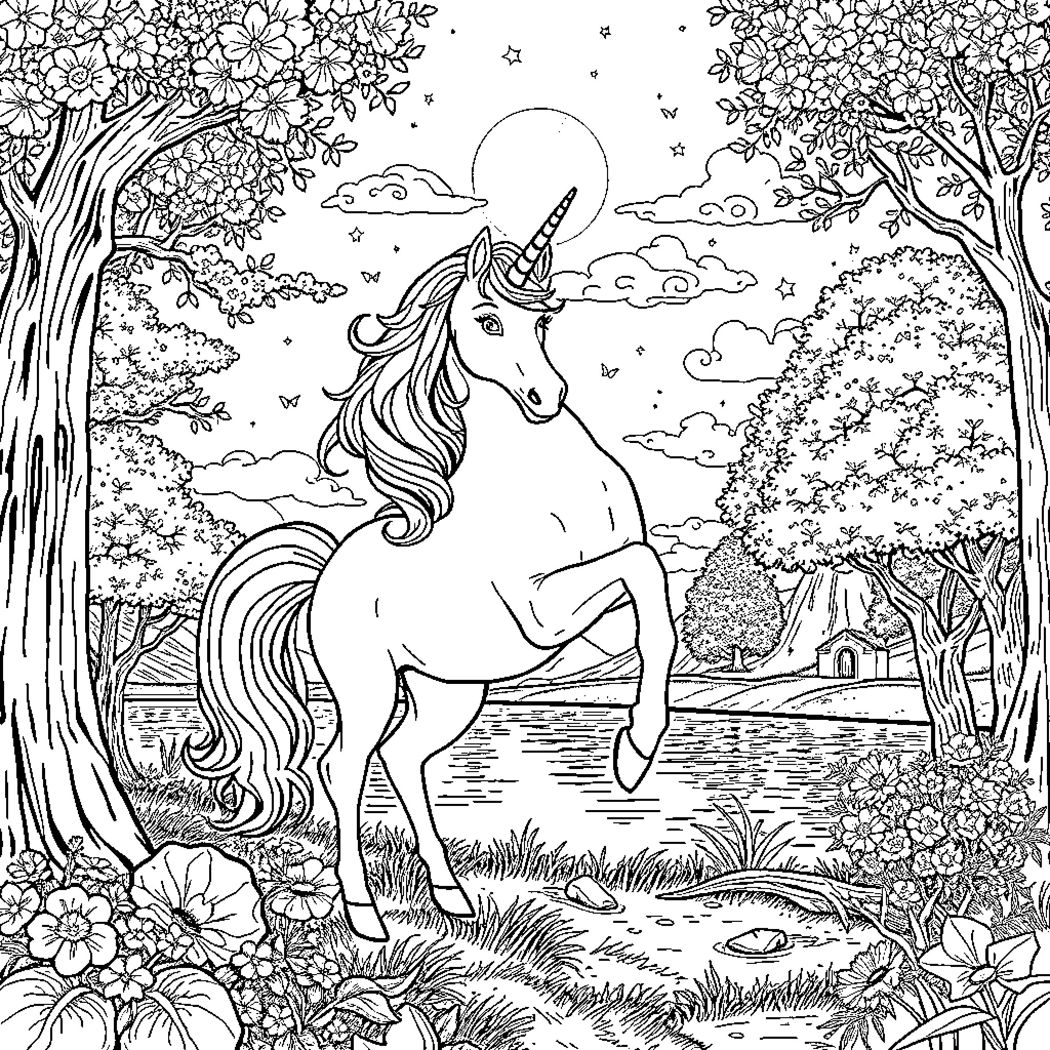 Unicorn galloping through a magical forest Coloring Page (free black-and-white line drawing printable PDF for all, from beginners to advanced learners, including children, teens, adults, and seniors)