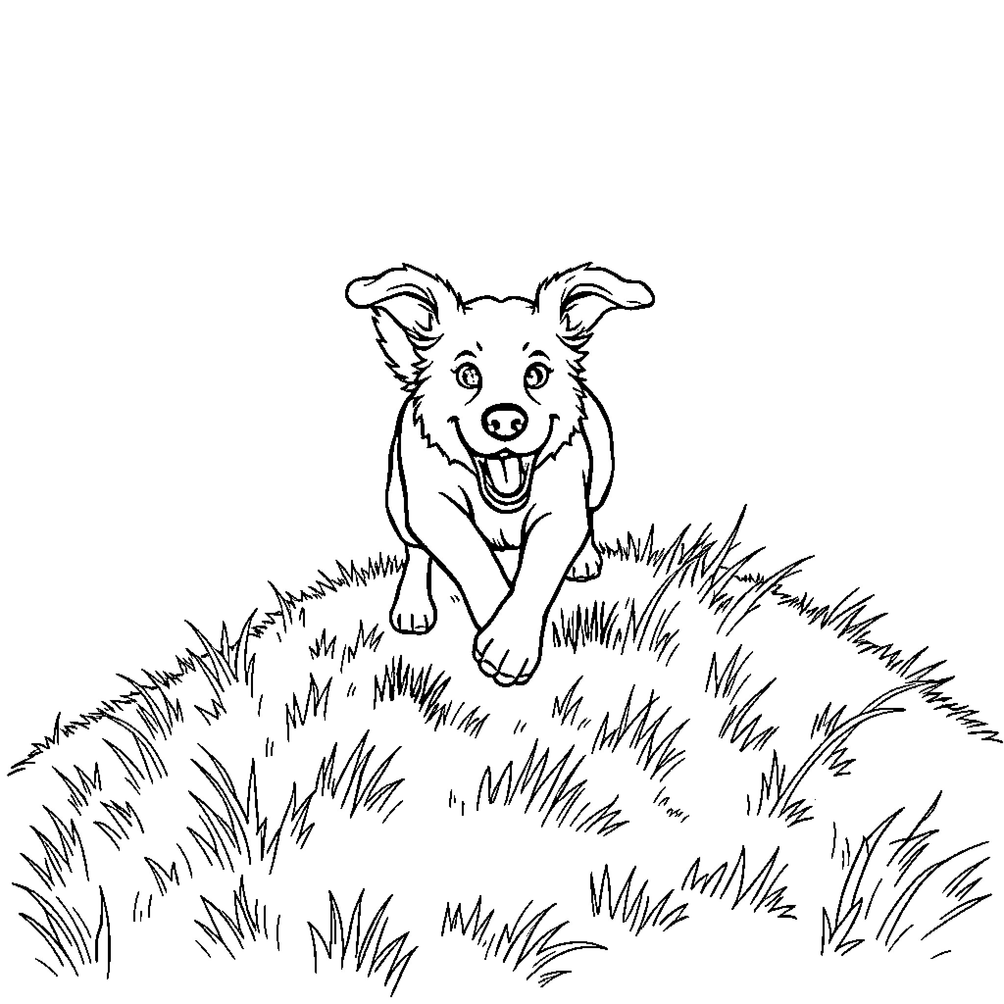 Dog frolicking joyfully in tall grass Coloring Page (free black-and-white line drawing printable PDF for all, from beginners to advanced learners, including children, teens, adults, and seniors)