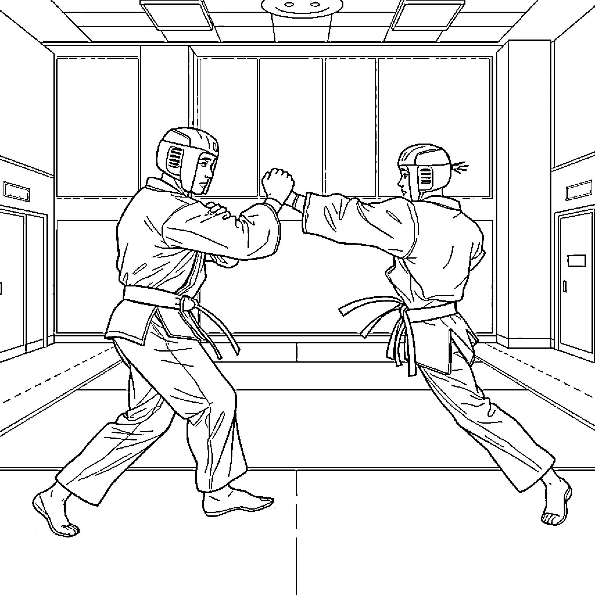 Taekwondo practitioners sparring in training hall Coloring Page (free black-and-white line drawing printable PDF for all, from beginners to advanced learners, including children, teens, adults, and seniors)