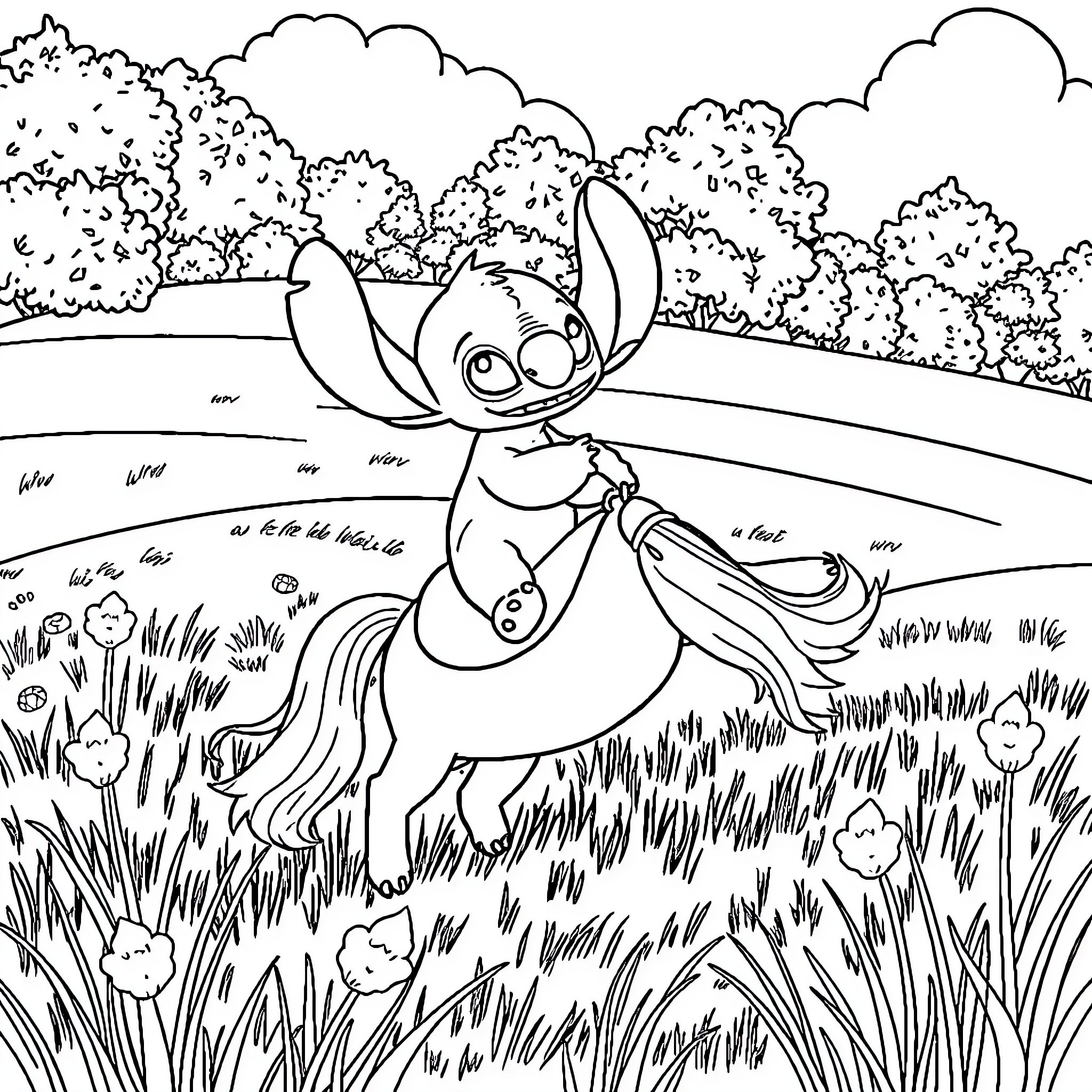 Stitch frolicking playfully in a serene forest Coloring Page (free black-and-white line drawing printable PDF for all, from beginners to advanced learners, including children, teens, adults, and seniors)