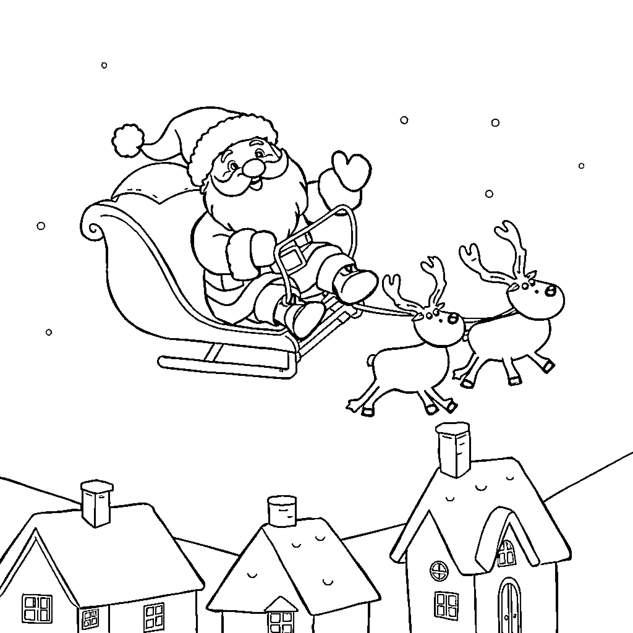 Santa Claus riding his sleigh with reindeer Coloring Page (free black-and-white line drawing printable PDF for all, from beginners to advanced learners, including children, teens, adults, and seniors)