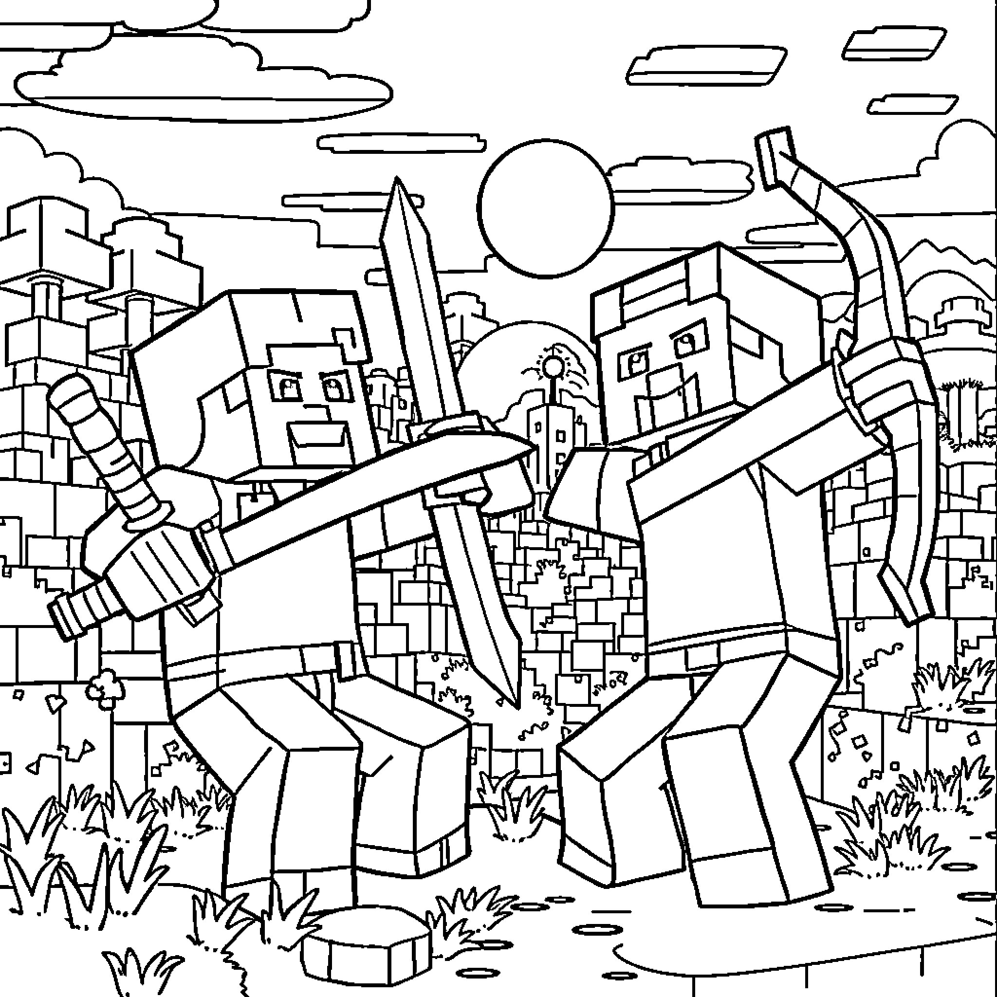 Minecraft Character Exploring Blocky Landscape Coloring Page (free black-and-white line drawing printable PDF for all, from beginners to advanced learners, including children, teens, adults, and seniors)