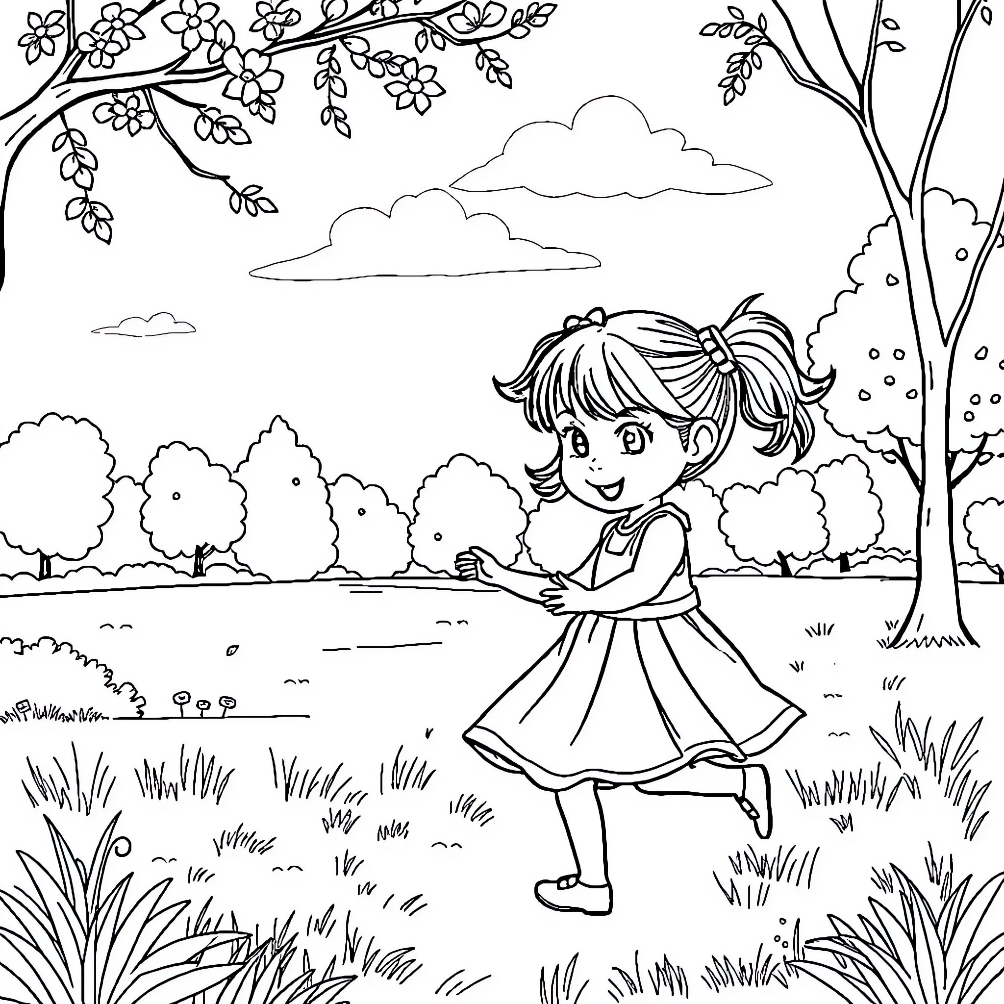 Girl exploring the enchanting natural landscape Coloring Page (free black-and-white line drawing printable PDF for all, from beginners to advanced learners, including children, teens, adults, and seniors)
