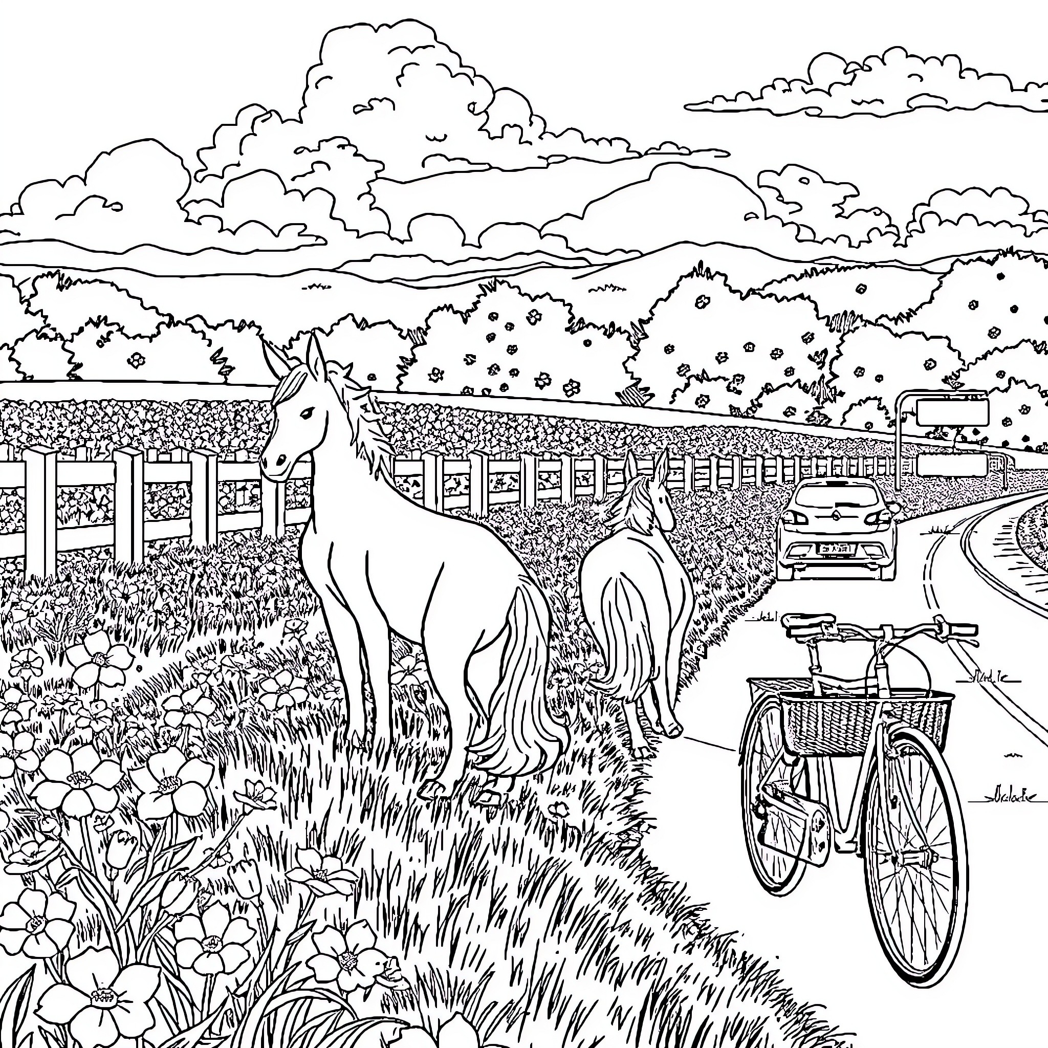 Licorne enjoying a peaceful countryside scene Coloring Page (free black-and-white line drawing printable PDF for all, from beginners to advanced learners, including children, teens, adults, and seniors)