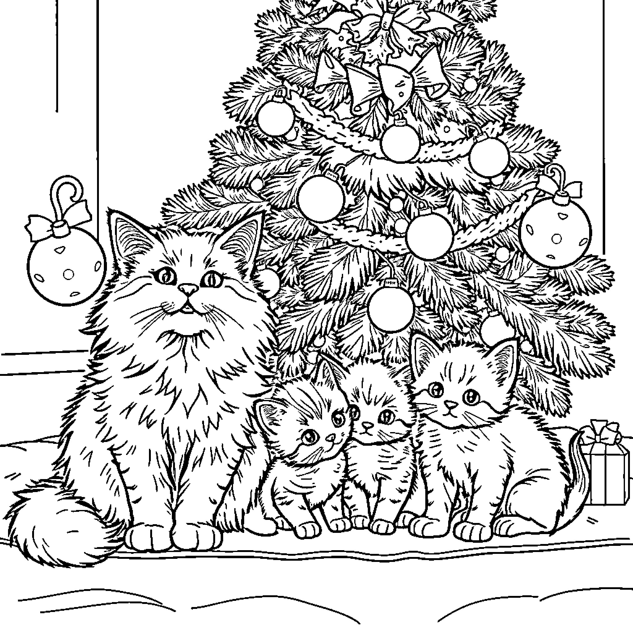 Cat family admiring Christmas tree Coloring Page (free black-and-white line drawing printable PDF for all, from beginners to advanced learners, including children, teens, adults, and seniors)