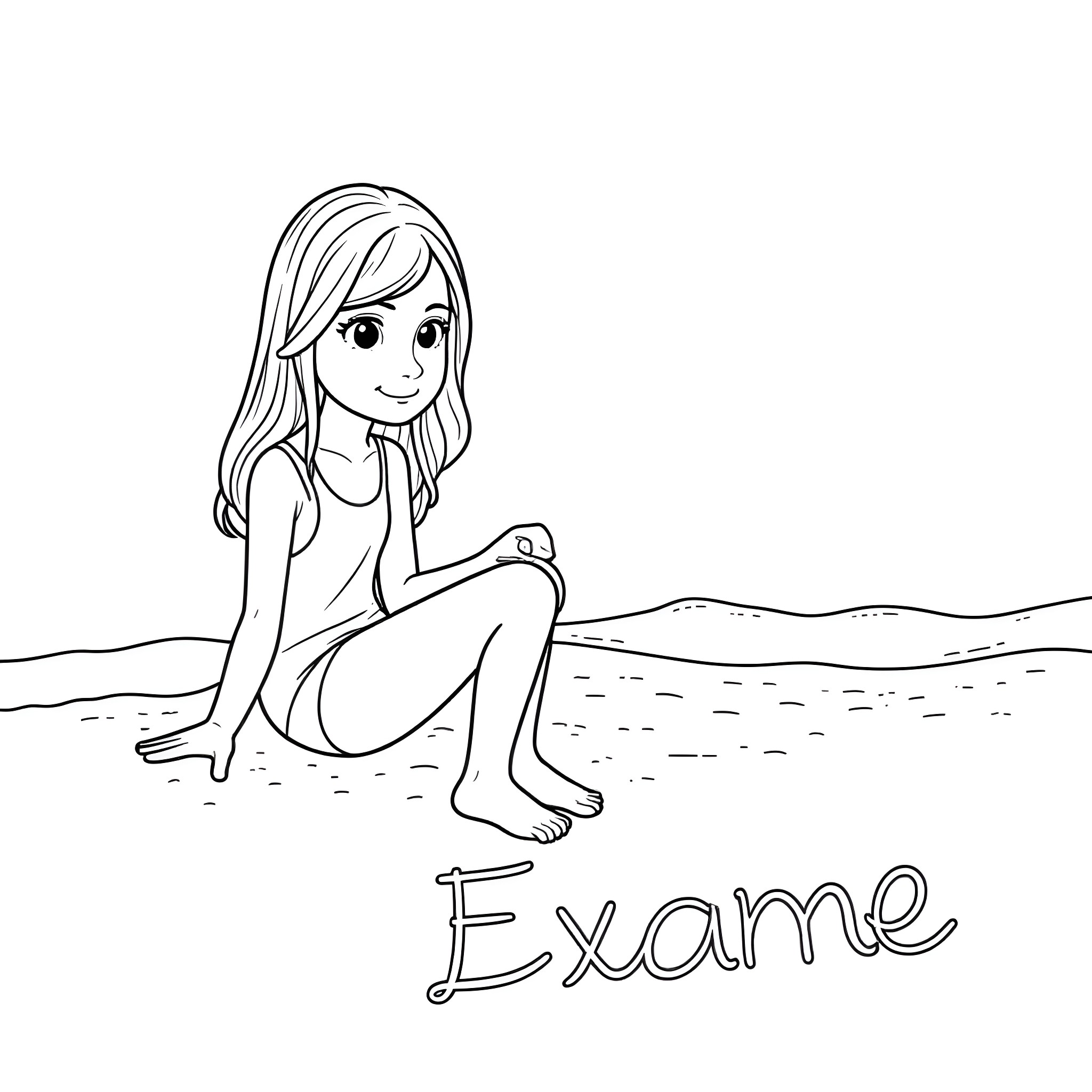 Girl exploring the beach Coloring Page (free black-and-white line drawing printable PDF for all, from beginners to advanced learners, including children, teens, adults, and seniors)