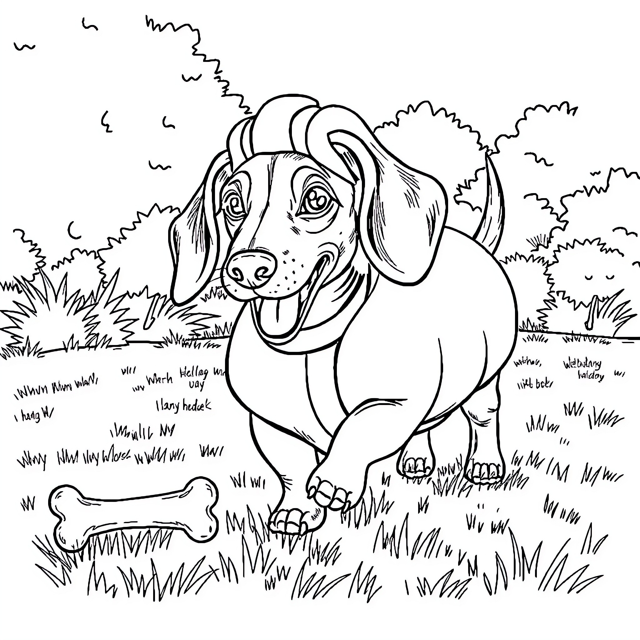 Dachshund exploring nature with curiosity Coloring Page (free black-and-white line drawing printable PDF for all, from beginners to advanced learners, including children, teens, adults, and seniors)