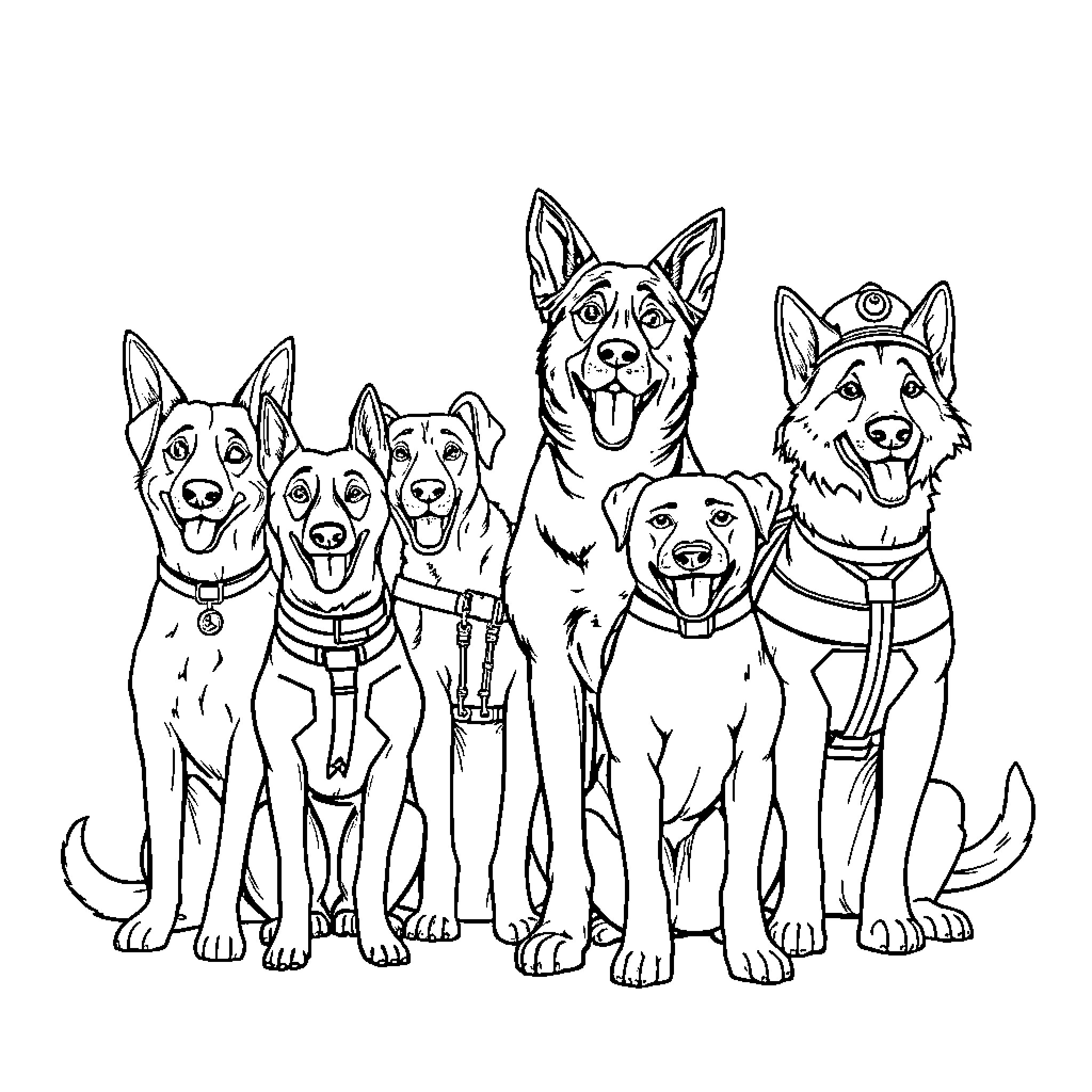 Dog group portrait of happy canine friends Coloring Page (free black-and-white line drawing printable PDF for all, from beginners to advanced learners, including children, teens, adults, and seniors)
