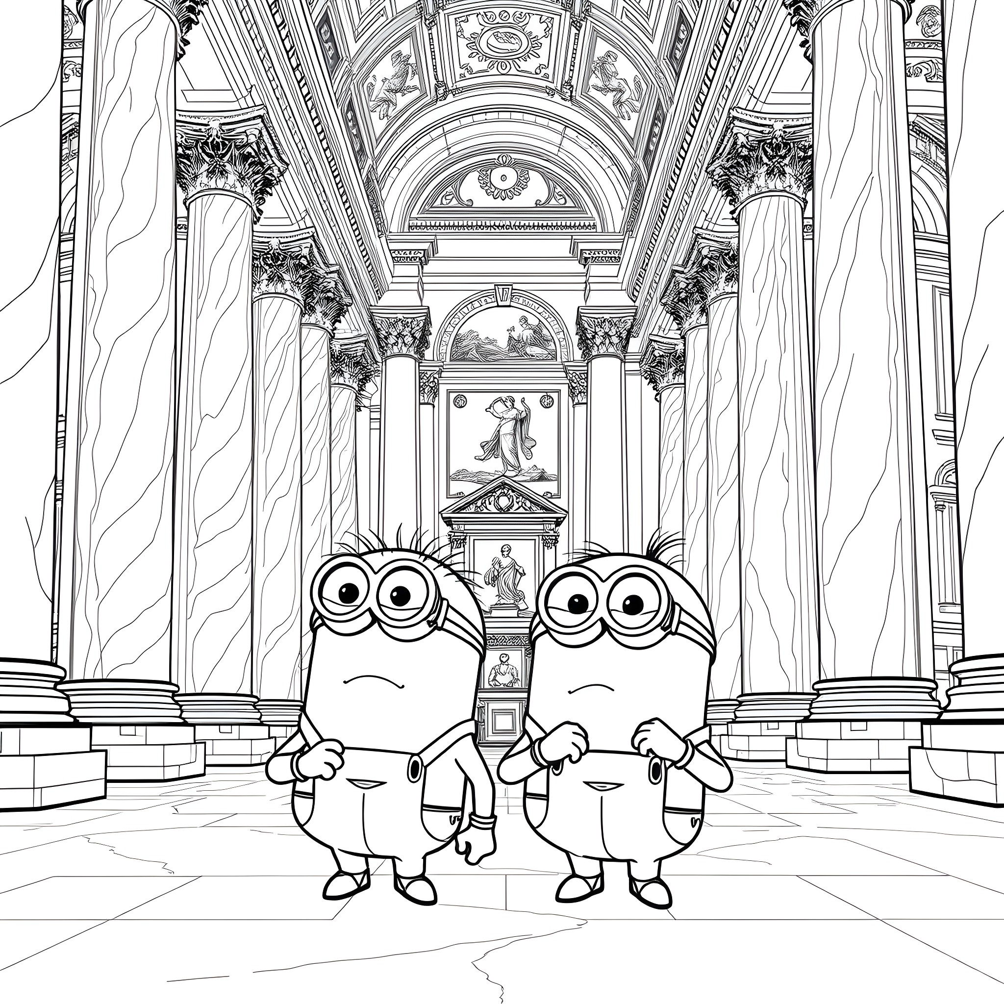Minion characters exploring grand architectural interior Coloring Page (free black-and-white line drawing printable PDF for all, from beginners to advanced learners, including children, teens, adults, and seniors)