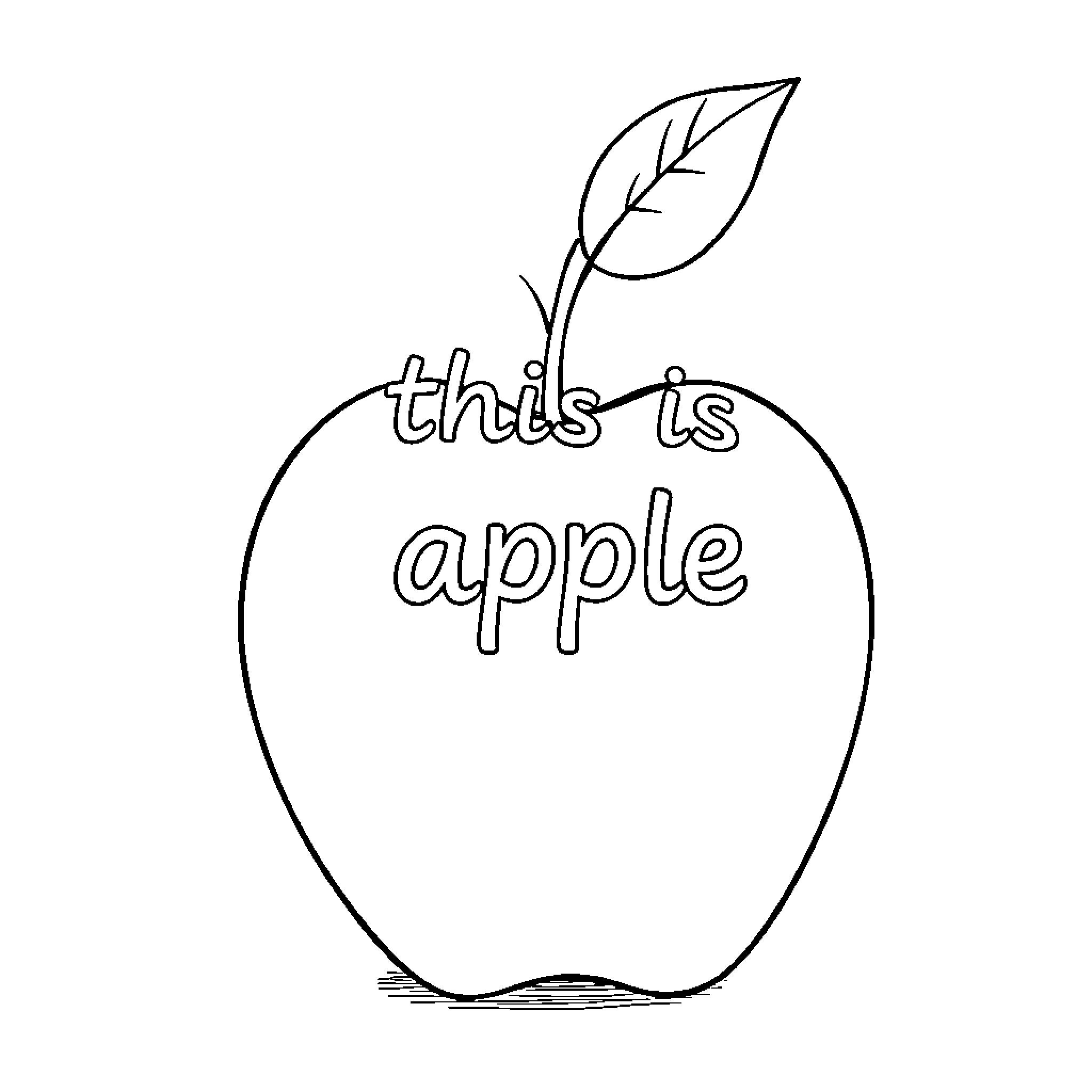 Apple with text 'this is apple' Coloring Page (free black-and-white line drawing printable PDF for all, from beginners to advanced learners, including children, teens, adults, and seniors)