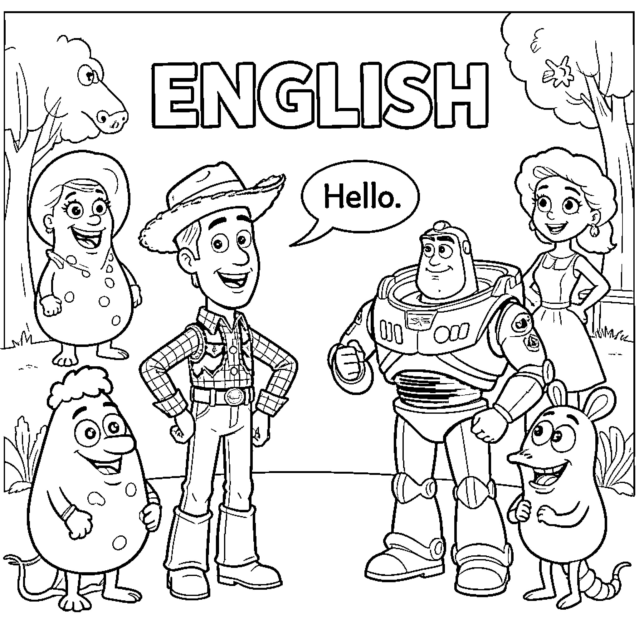 Toy Story characters smiling and saying hello together Coloring Page (free black-and-white line drawing printable PDF for all, from beginners to advanced learners, including children, teens, adults, and seniors)