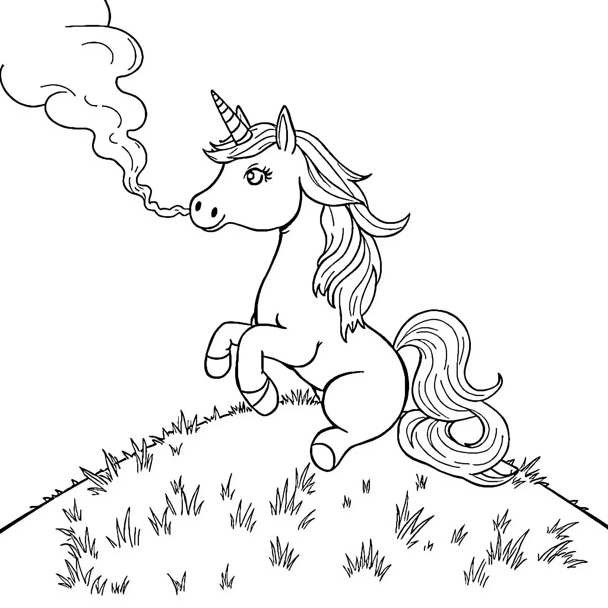 Unicorn enjoying a whimsical meadow Coloring Page (free black-and-white line drawing printable PDF for all, from beginners to advanced learners, including children, teens, adults, and seniors)