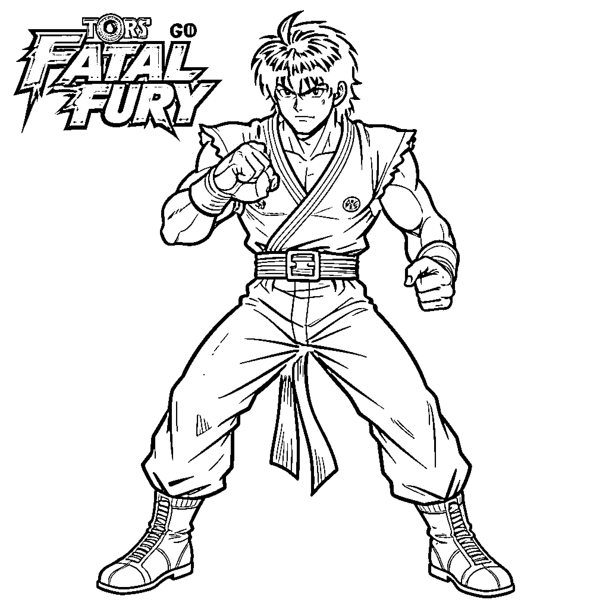 Terry Bogard standing in a powerful fighting stance Coloring Page (free black-and-white line drawing printable PDF for all, from beginners to advanced learners, including children, teens, adults, and seniors)