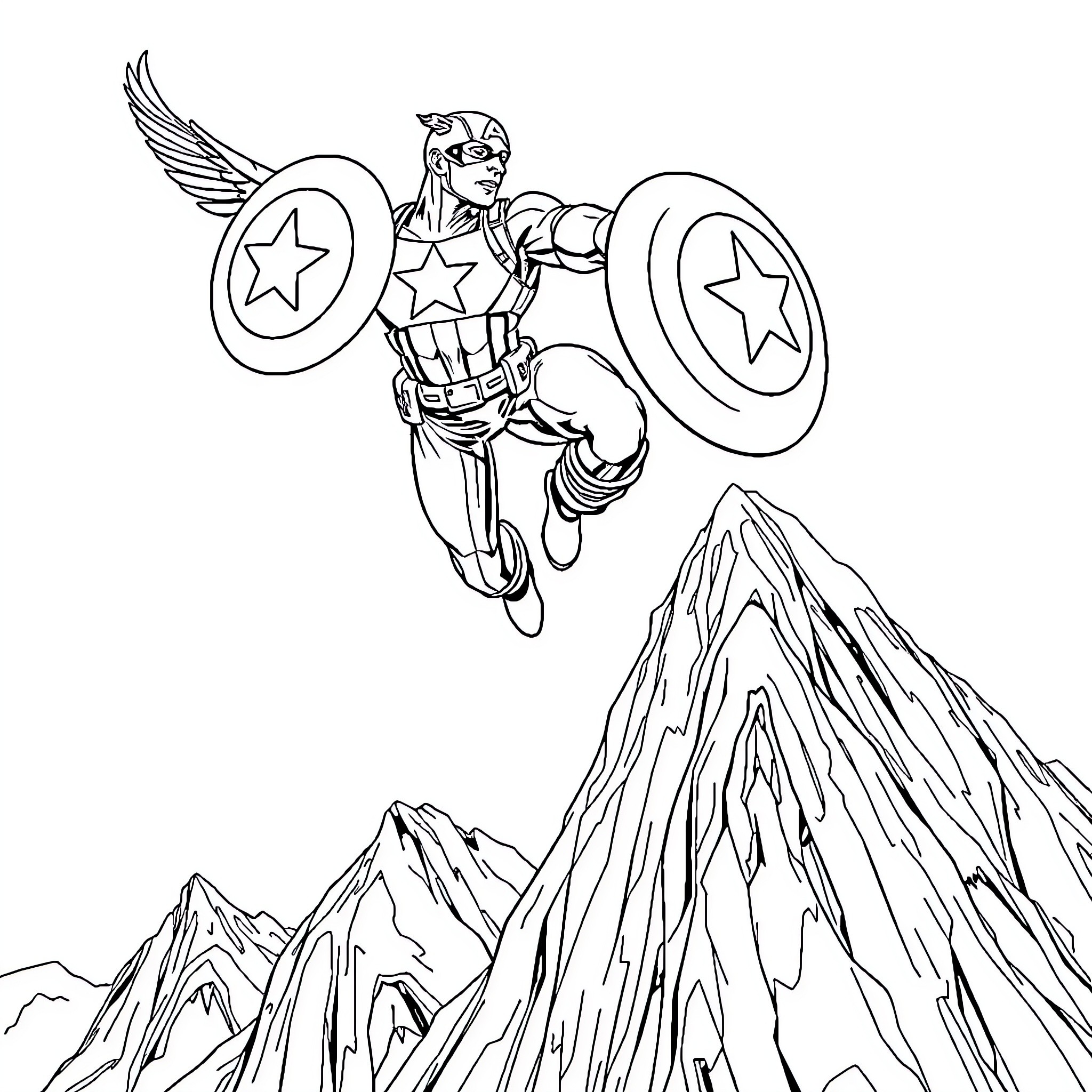 Captain America Soaring Through the Mountains Coloring Page (free black-and-white line drawing printable PDF for all, from beginners to advanced learners, including children, teens, adults, and seniors)