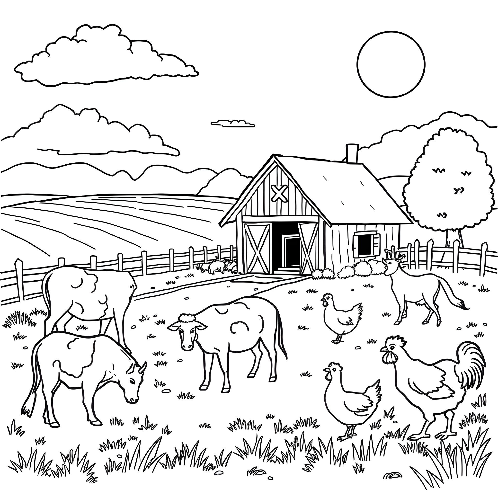 Animal farm scene with barn and animals Coloring Page (free black-and-white line drawing printable PDF for all, from beginners to advanced learners, including children, teens, adults, and seniors)