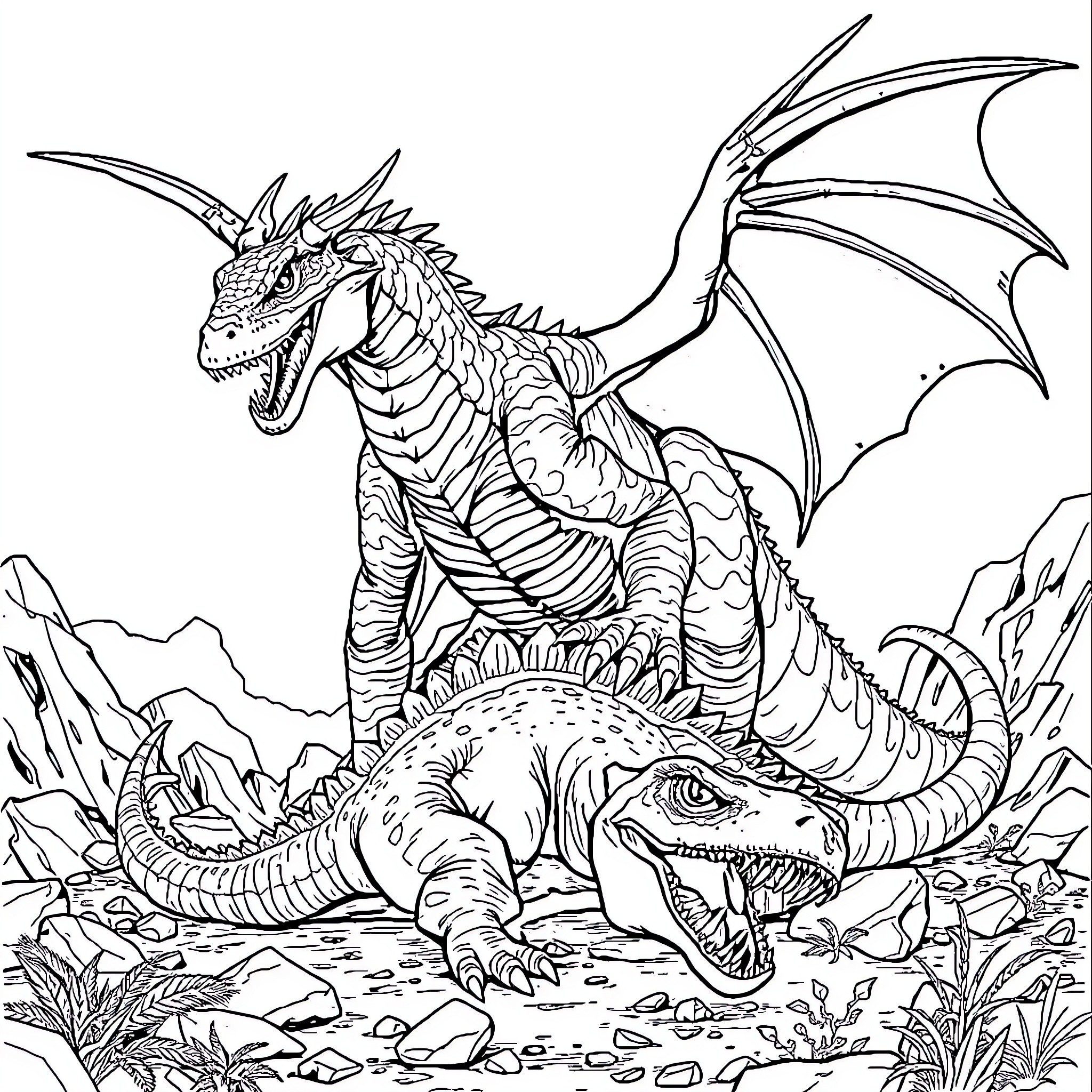 Dragon battle raging in the wilderness Coloring Page (free black-and-white line drawing printable PDF for all, from beginners to advanced learners, including children, teens, adults, and seniors)