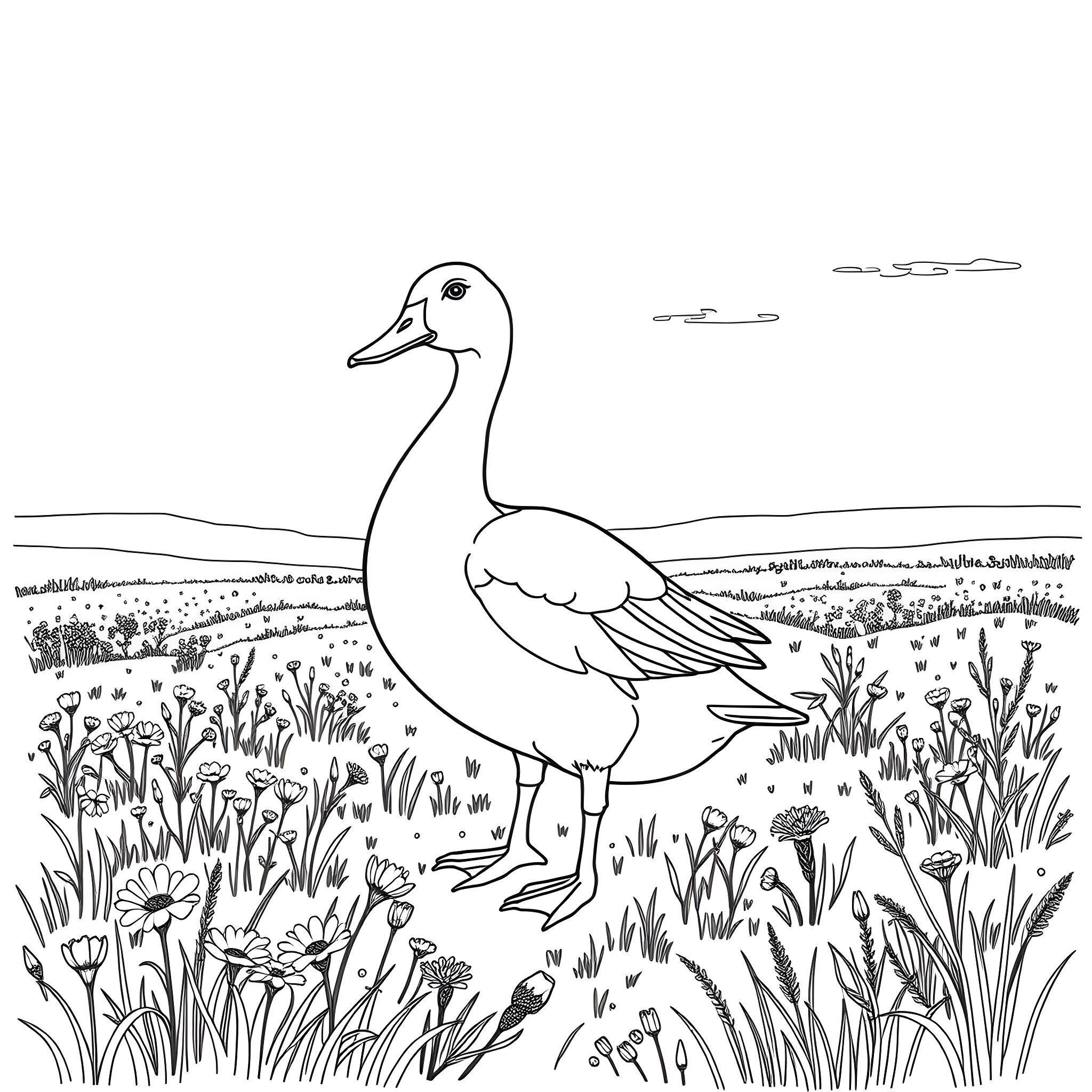 Duck walking in a lush meadow Coloring Page (free black-and-white line drawing printable PDF for all, from beginners to advanced learners, including children, teens, adults, and seniors)