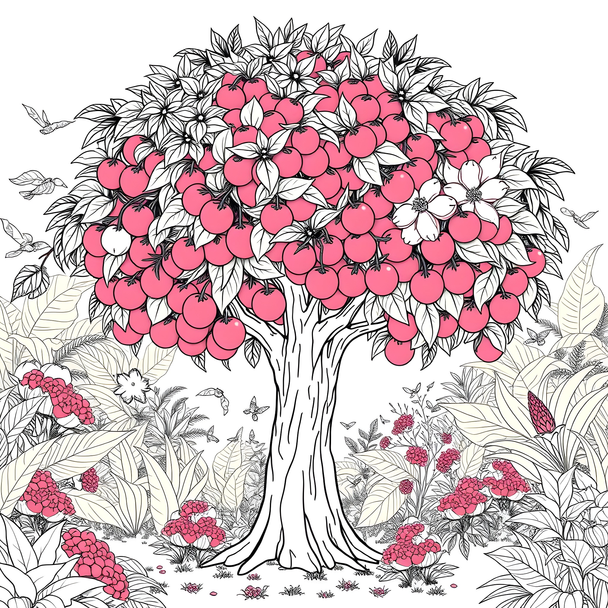 Aratiles tree full of ripe fruit in a lush garden Coloring Page (free black-and-white line drawing printable PDF for all, from beginners to advanced learners, including children, teens, adults, and seniors)