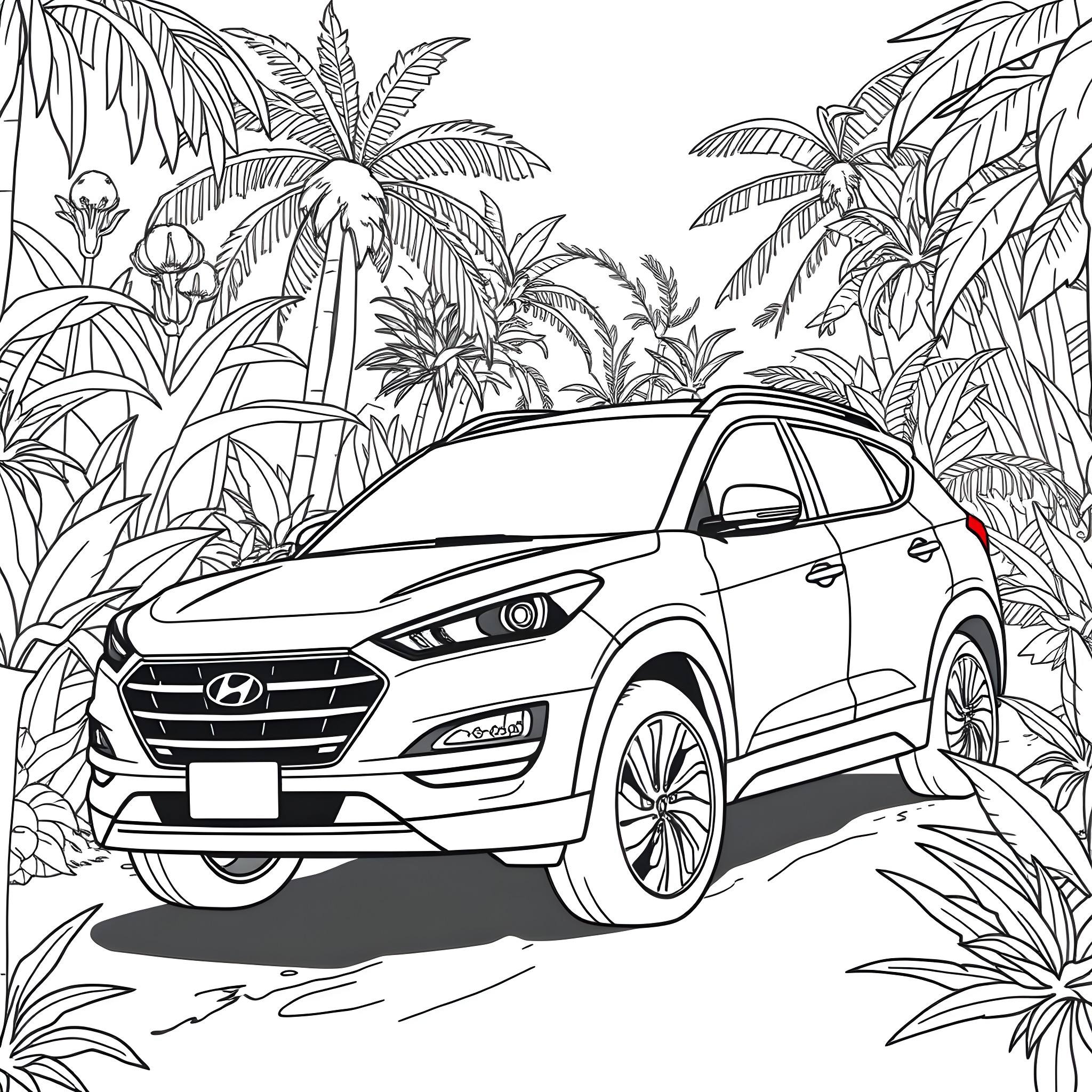 Jaguar SUV in Tropical Landscape Coloring Page (free black-and-white line drawing printable PDF for all, from beginners to advanced learners, including children, teens, adults, and seniors)