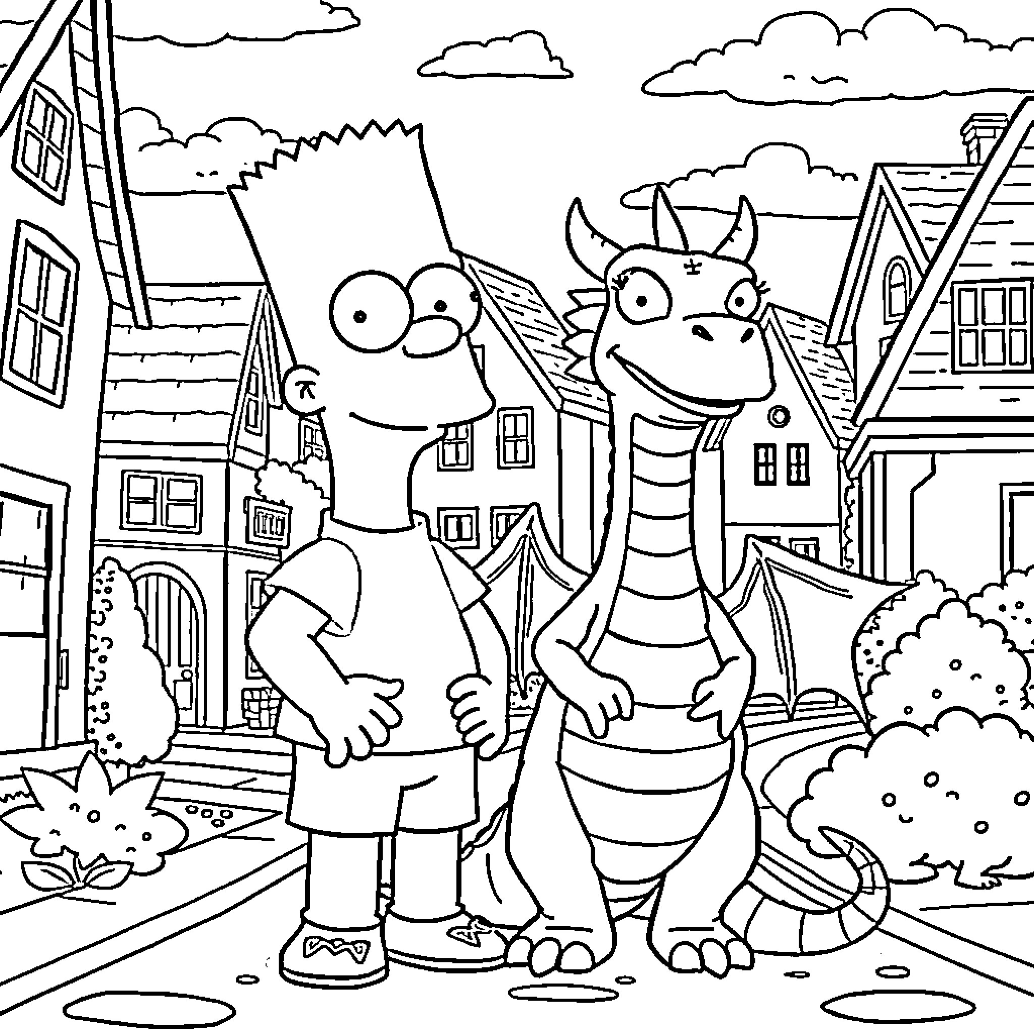 Bart Simpson and a Mischievous Dragon in the Town Coloring Page (free black-and-white line drawing printable PDF for all, from beginners to advanced learners, including children, teens, adults, and seniors)