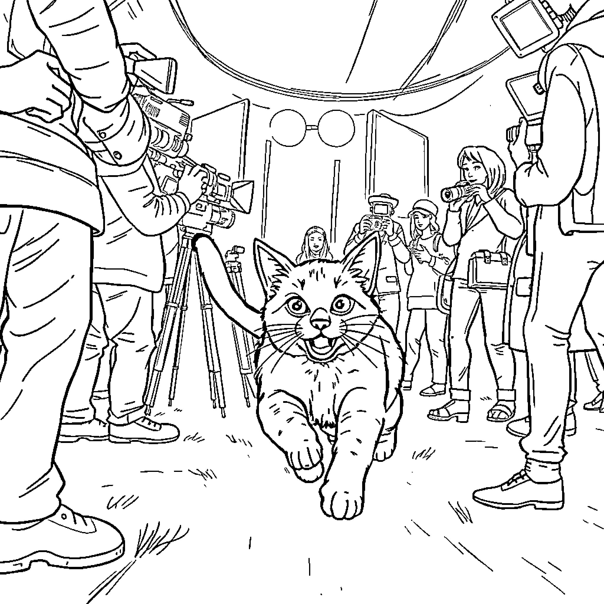 Cat Entertains Crowd of Filmmakers and Onlookers Coloring Page (free black-and-white line drawing printable PDF for all, from beginners to advanced learners, including children, teens, adults, and seniors)