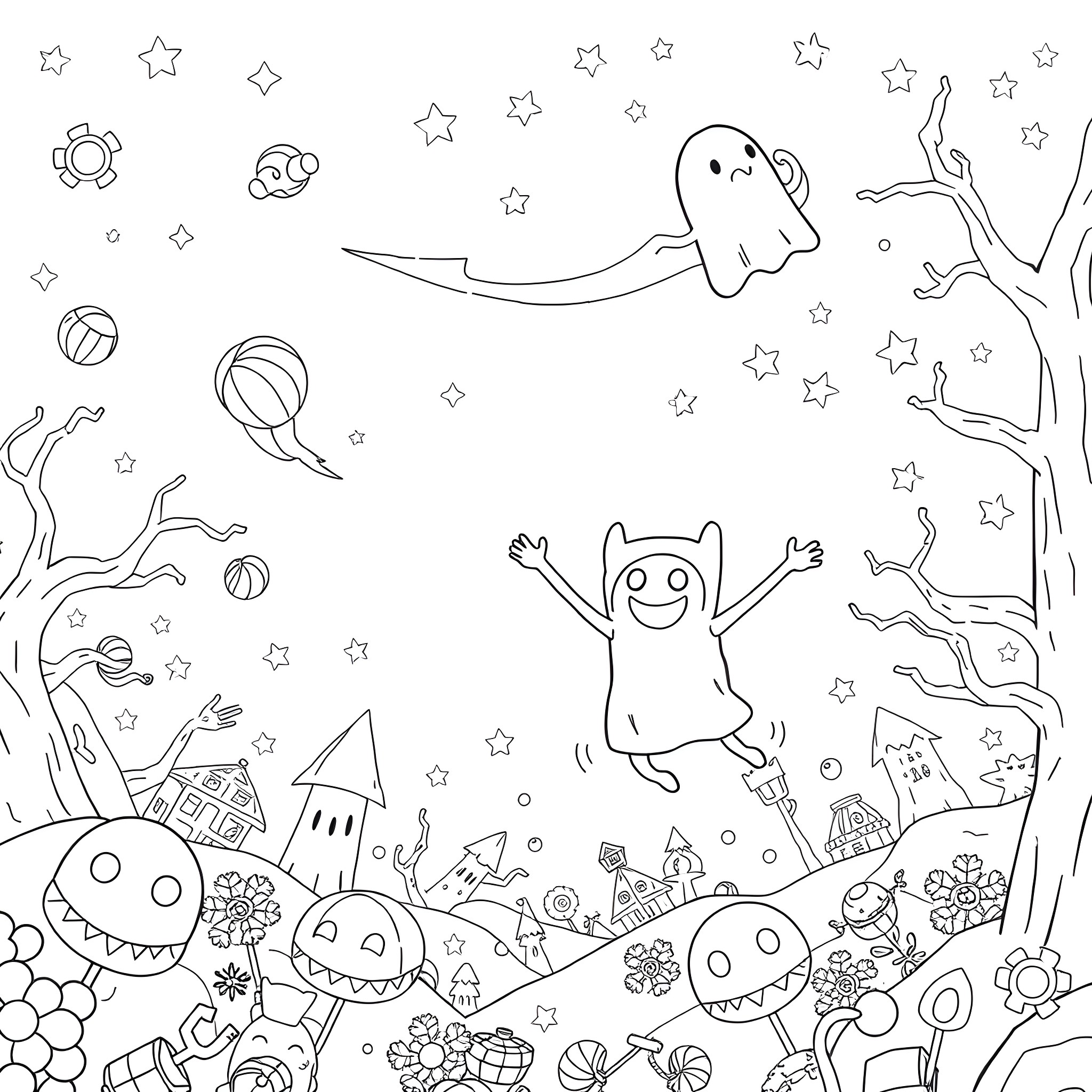 Finn and Jake's Whimsical Adventure in the Stars Coloring Page (free black-and-white line drawing printable PDF for all, from beginners to advanced learners, including children, teens, adults, and seniors)