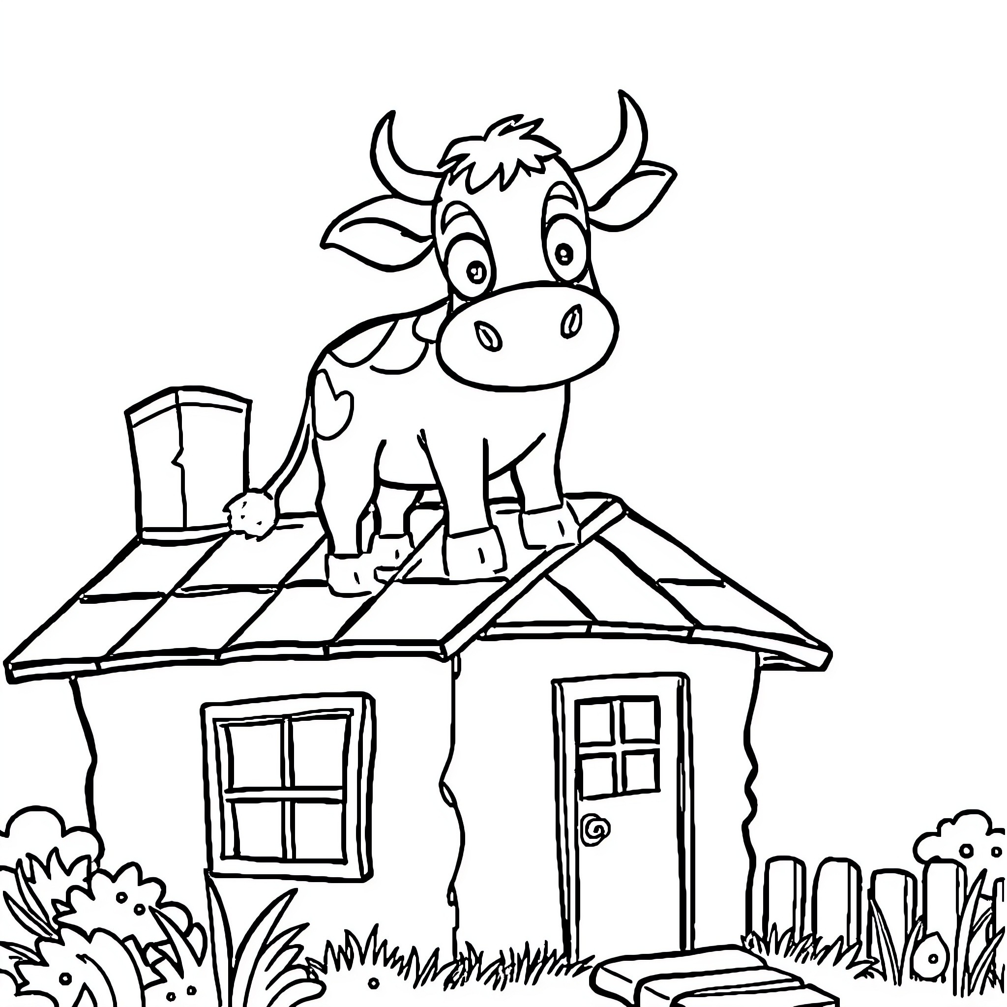 Cow standing on the roof of a house Coloring Page (free black-and-white line drawing printable PDF for all, from beginners to advanced learners, including children, teens, adults, and seniors)