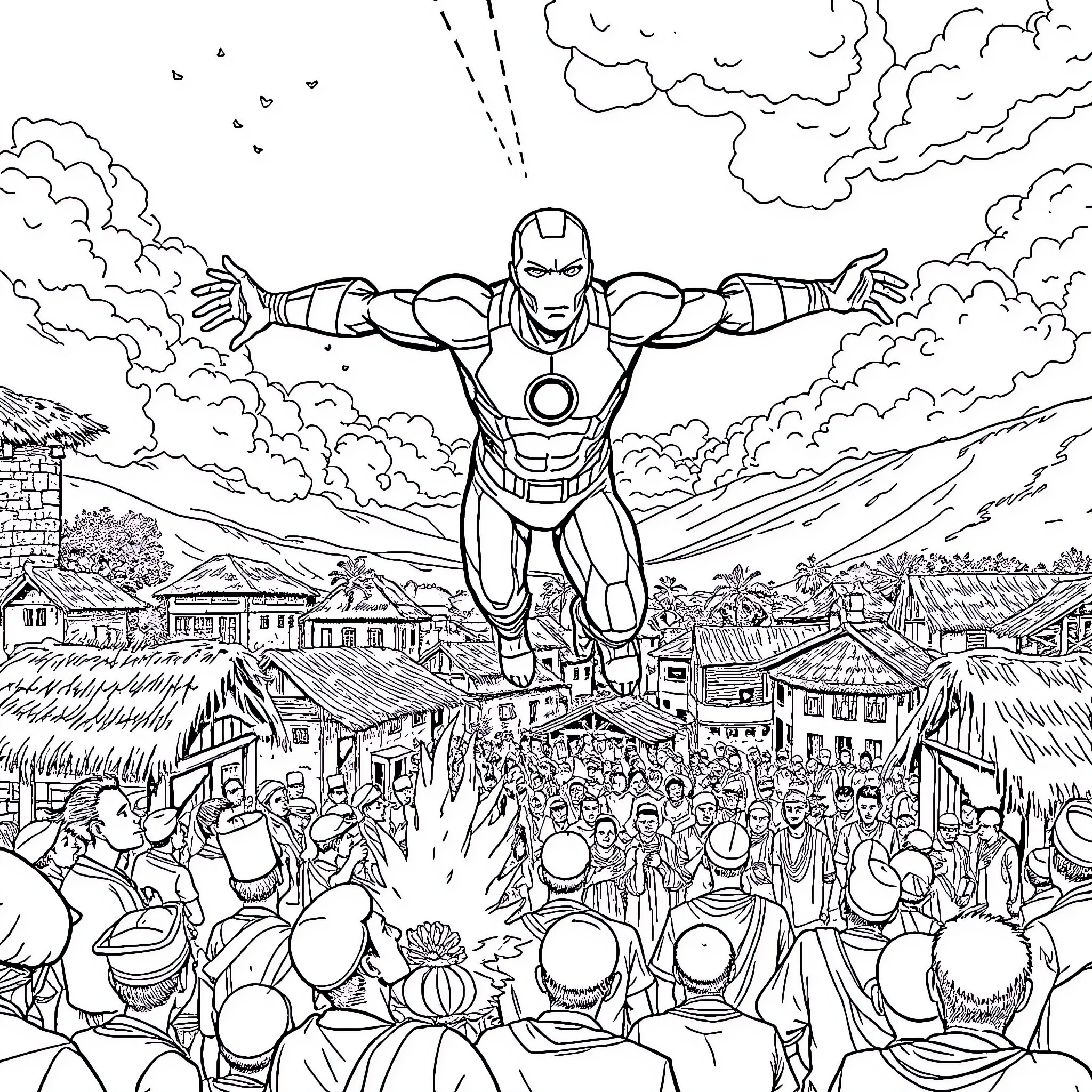 Ironman soaring over a crowded city scene Coloring Page (free black-and-white line drawing printable PDF for all, from beginners to advanced learners, including children, teens, adults, and seniors)