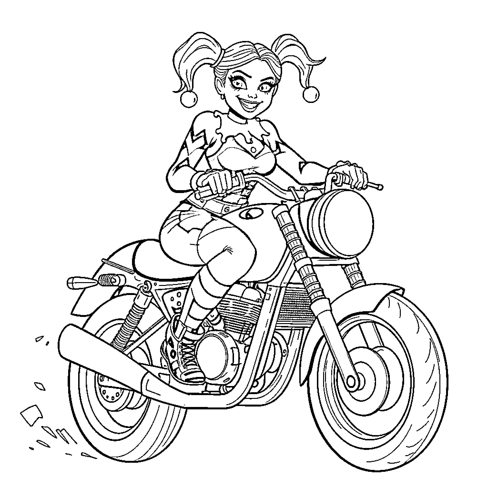 Harley Quinn riding a motorcycle with style Coloring Page (free black-and-white line drawing printable PDF for all, from beginners to advanced learners, including children, teens, adults, and seniors)