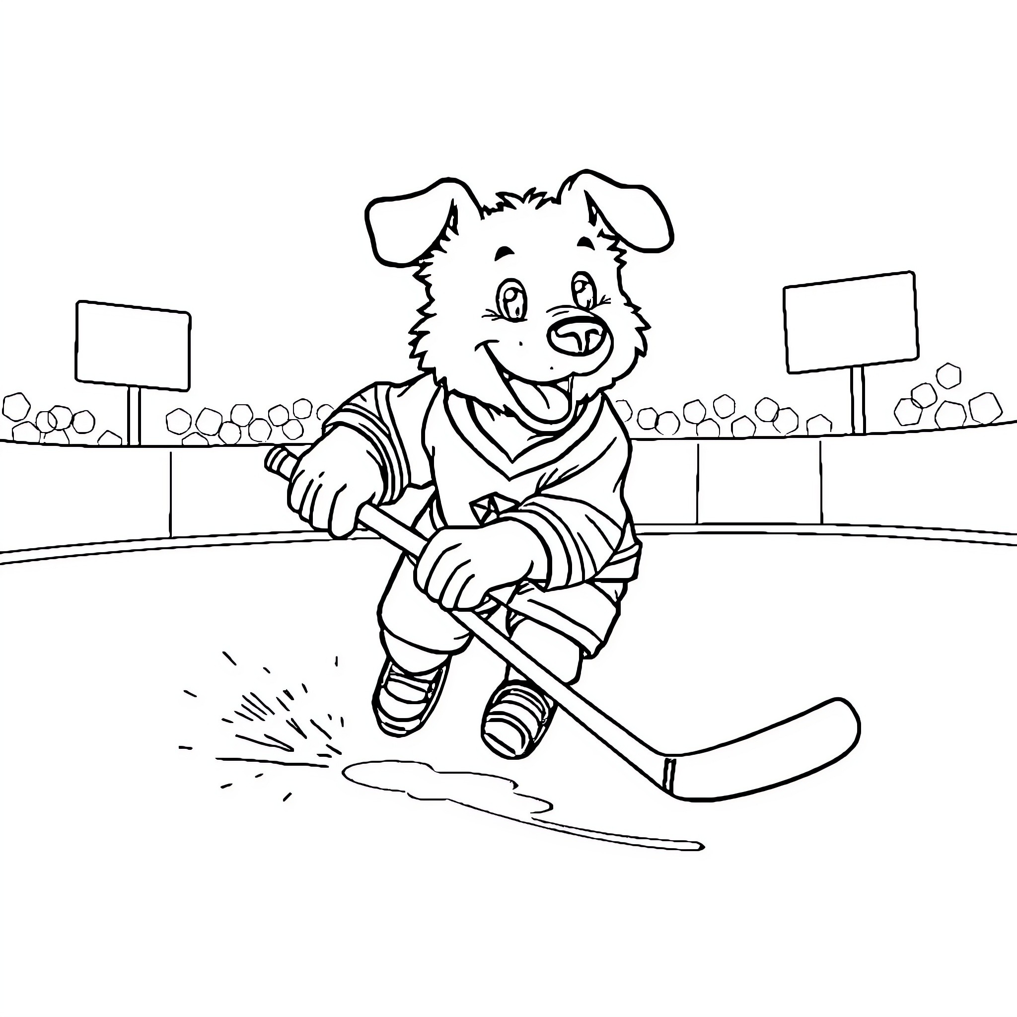Dog playing hockey on the ice rink Coloring Page (free black-and-white line drawing printable PDF for all, from beginners to advanced learners, including children, teens, adults, and seniors)