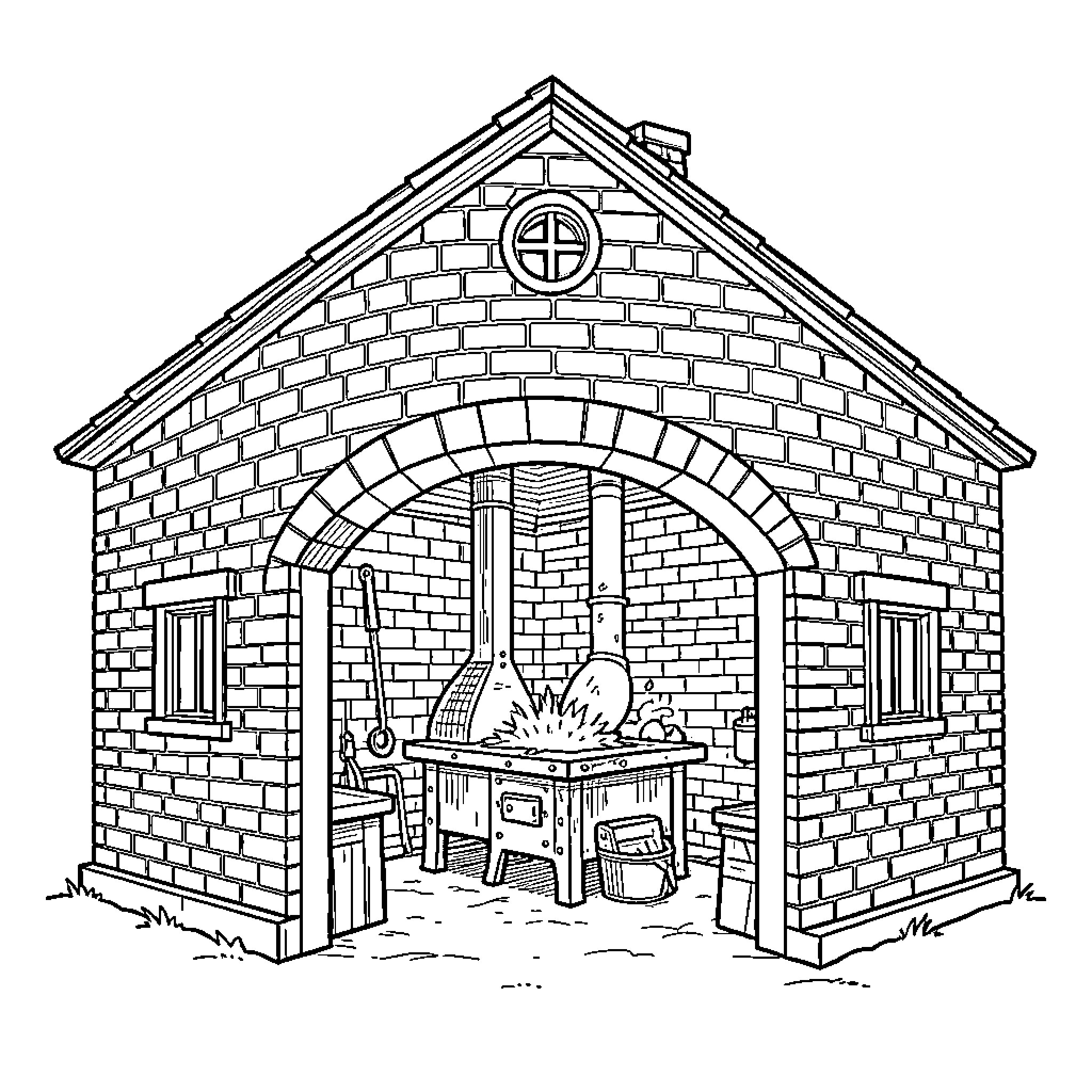 Brick structure featuring an open outdoor cooking area Coloring Page (free black-and-white line drawing printable PDF for all, from beginners to advanced learners, including children, teens, adults, and seniors)