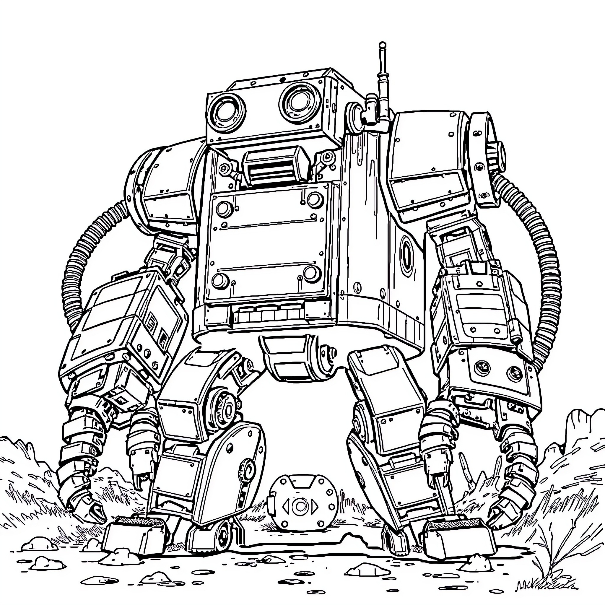 ClankER Exploring the Rugged Terrain Coloring Page (free black-and-white line drawing printable PDF for all, from beginners to advanced learners, including children, teens, adults, and seniors)