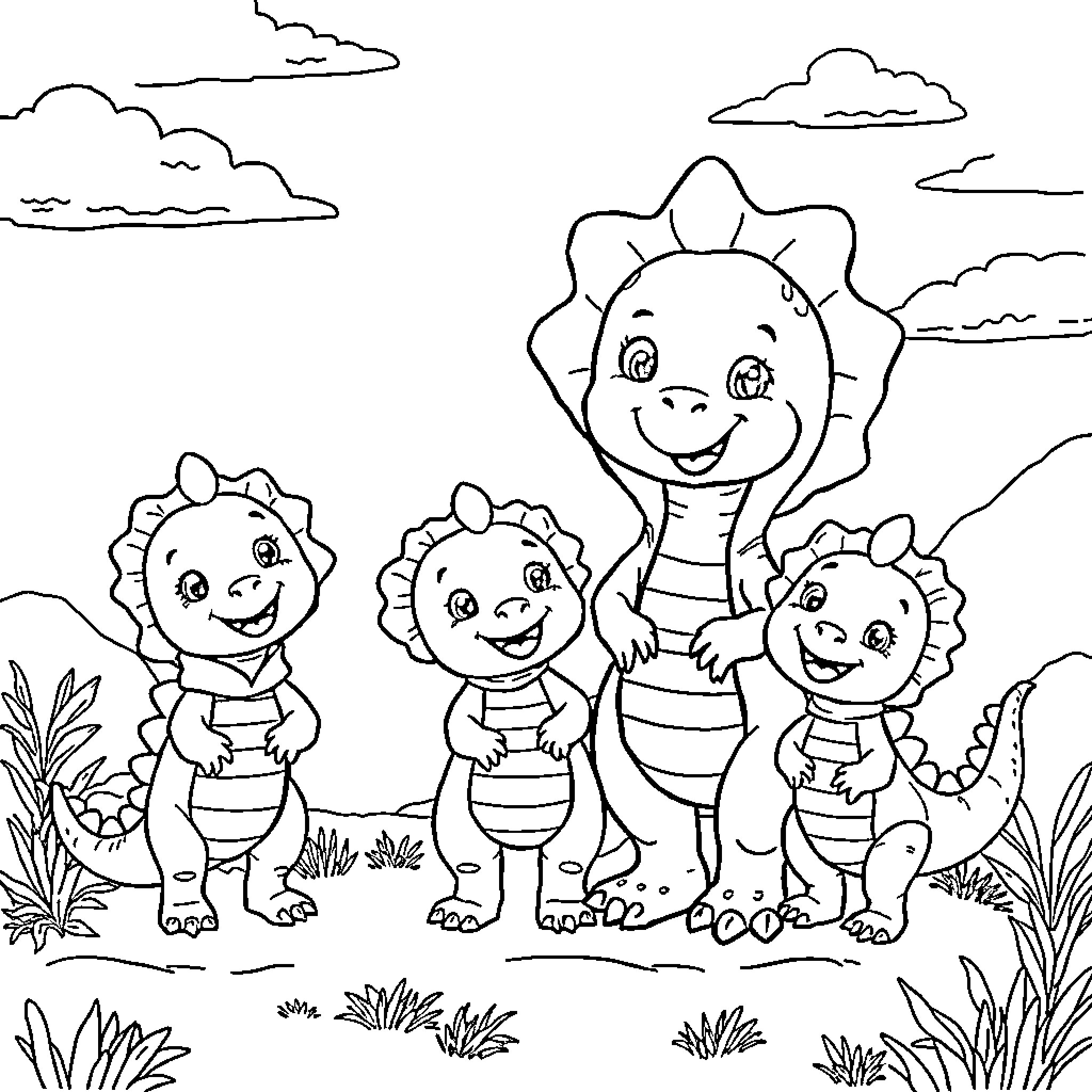 Bluey and dinosaur friends explore the outdoors Coloring Page (free black-and-white line drawing printable PDF for all, from beginners to advanced learners, including children, teens, adults, and seniors)