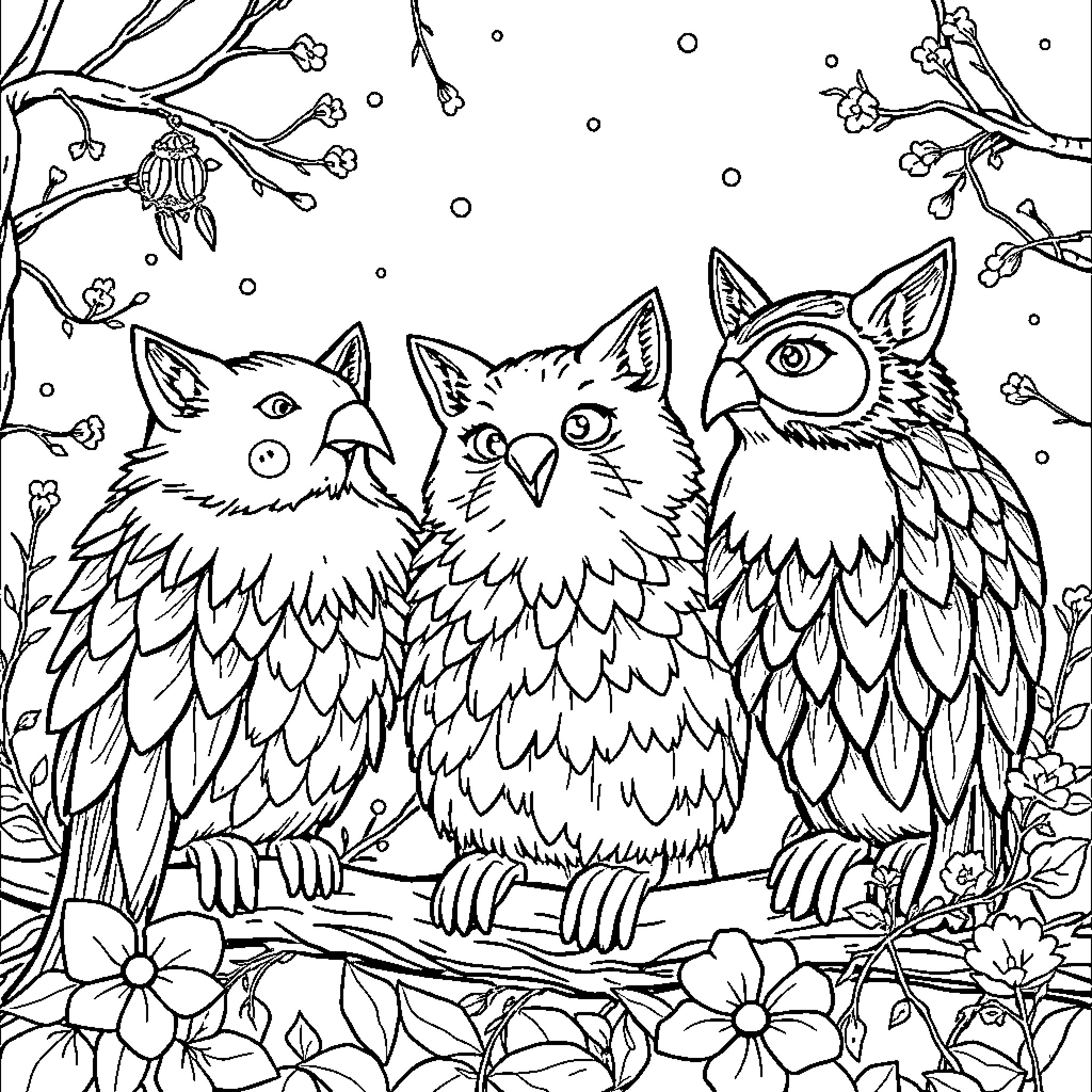 Wędrowiec's Feathered Companions in the Floral Realm Coloring Page (free black-and-white line drawing printable PDF for all, from beginners to advanced learners, including children, teens, adults, and seniors)