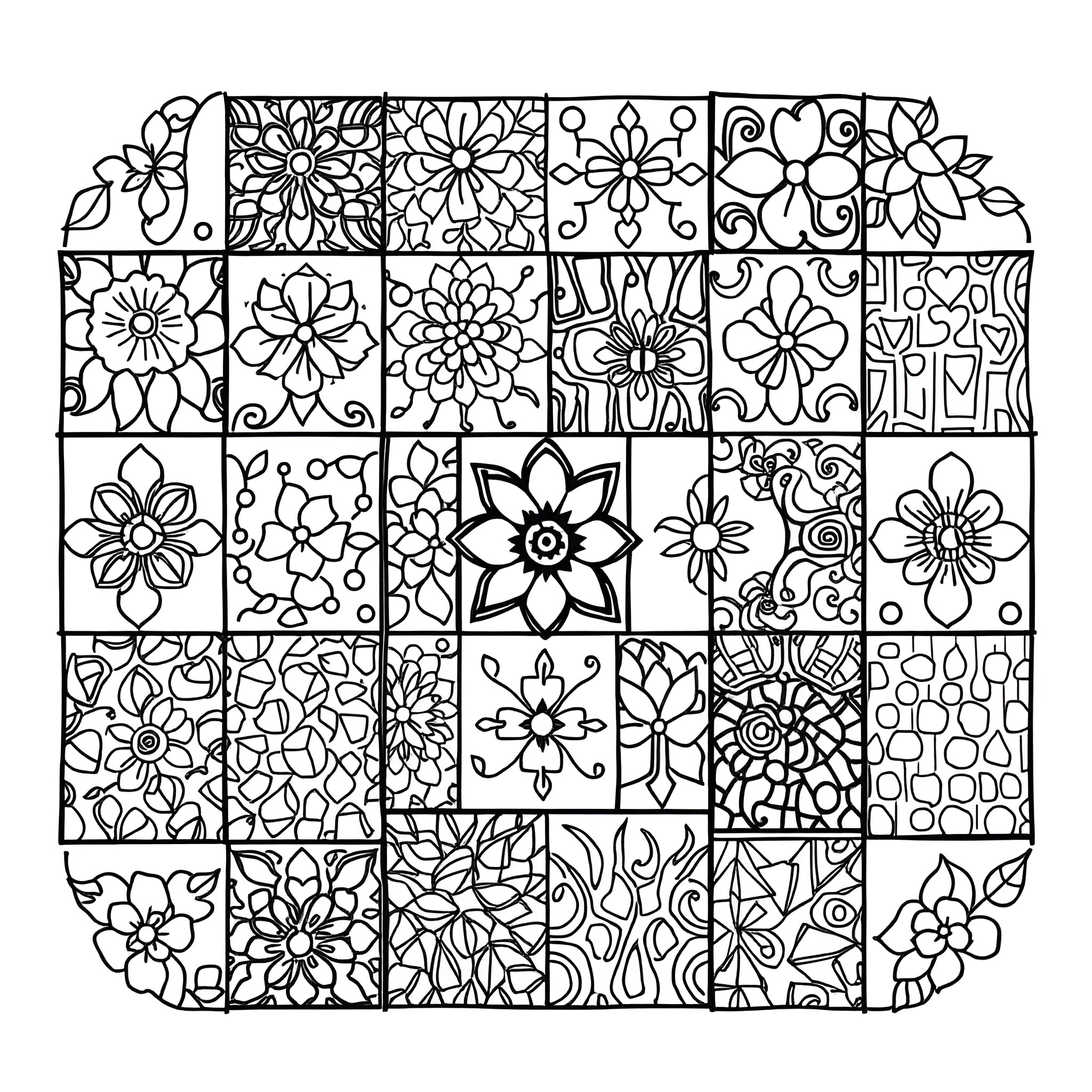 Patchwork of Floral Patterns Coloring Page (free black-and-white line drawing printable PDF for all, from beginners to advanced learners, including children, teens, adults, and seniors)