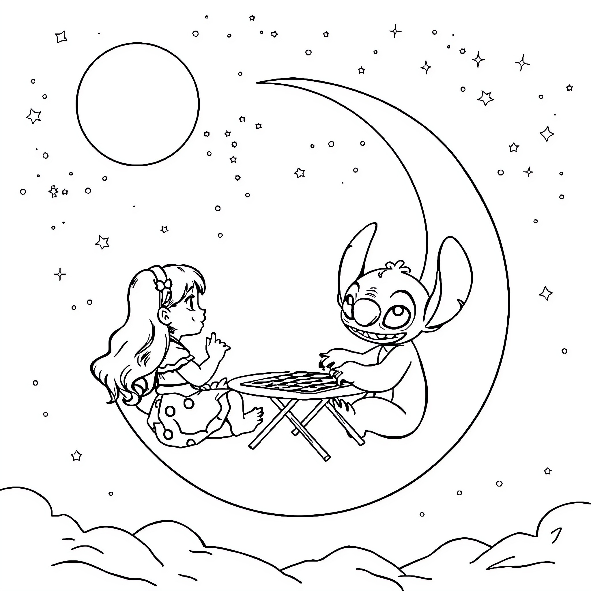 Lilo and Stitch playing checkers under the stars Coloring Page (free black-and-white line drawing printable PDF for all, from beginners to advanced learners, including children, teens, adults, and seniors)