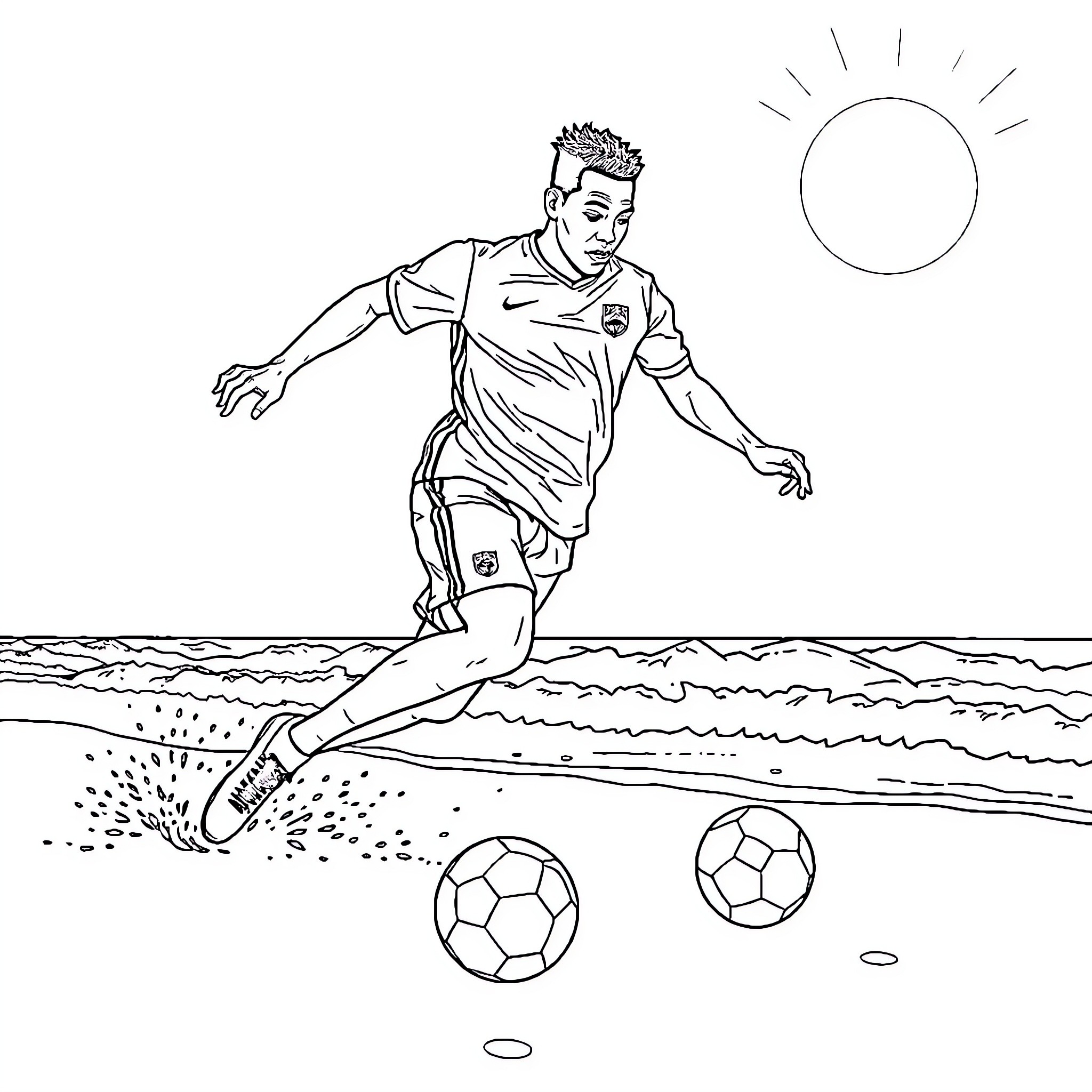 Mbappe running on the beach with soccer balls Coloring Page (free black-and-white line drawing printable PDF for all, from beginners to advanced learners, including children, teens, adults, and seniors)