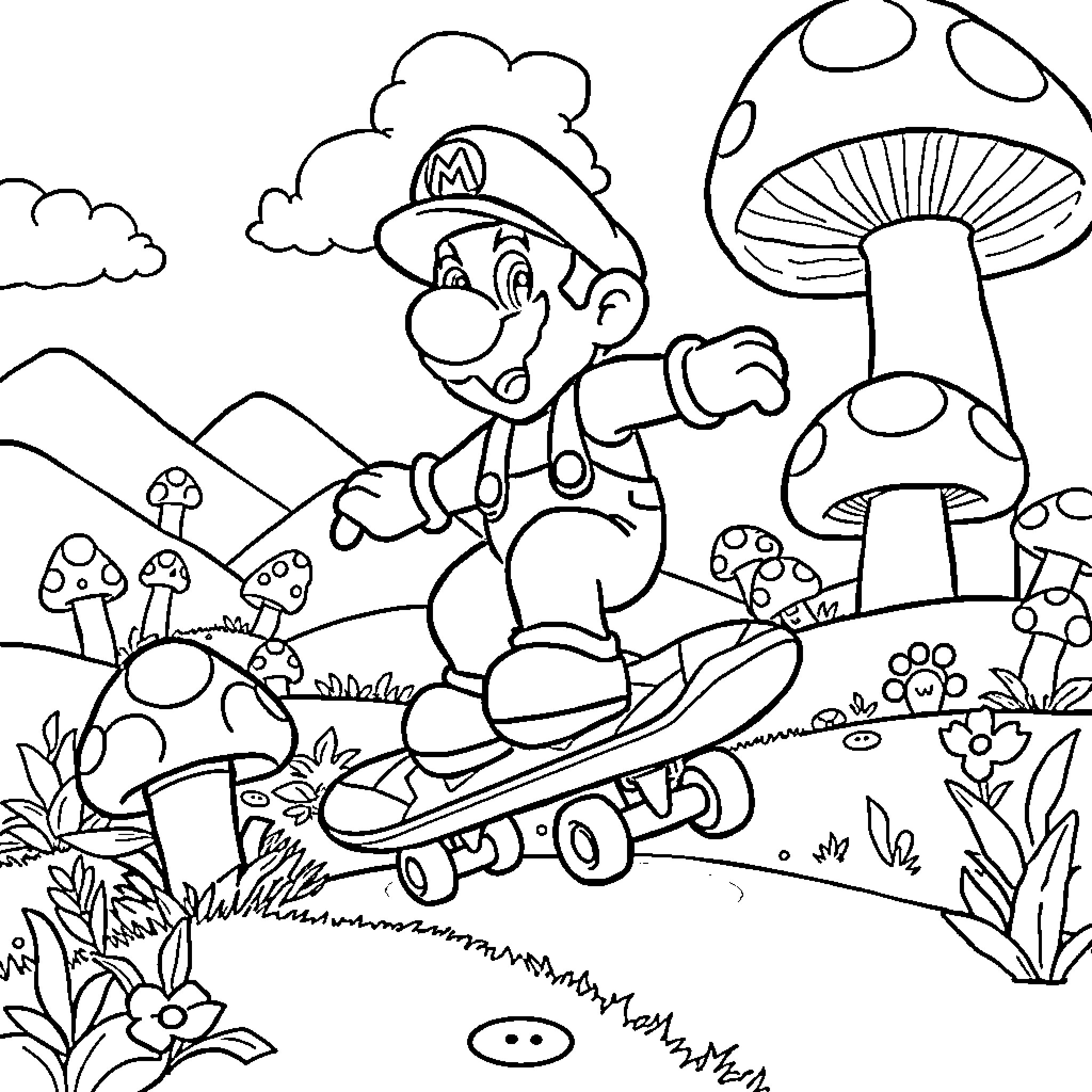 Super Mario on a Skateboard Adventure in Mushroom Kingdom Coloring Page (free black-and-white line drawing printable PDF for all, from beginners to advanced learners, including children, teens, adults, and seniors)