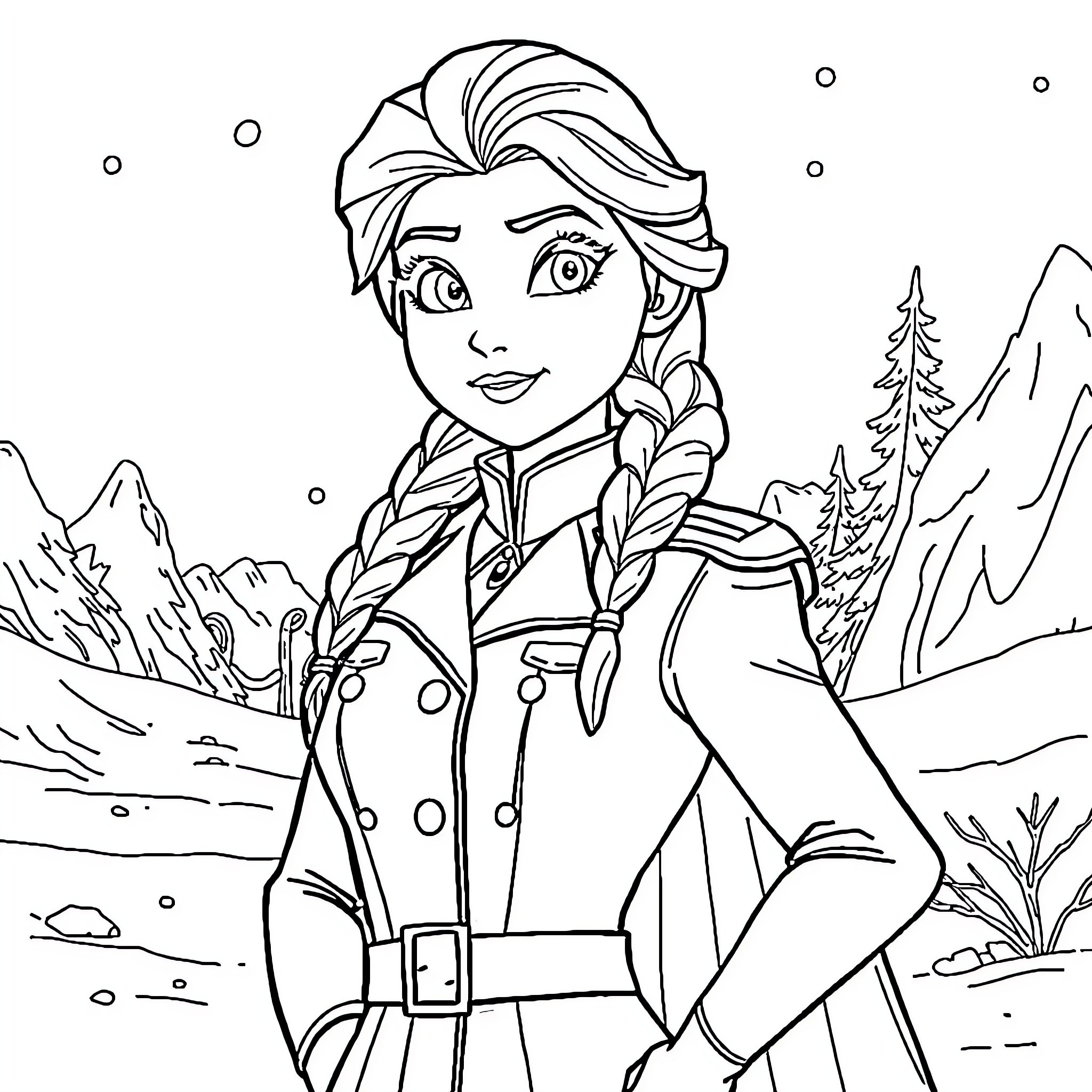 Elsa exploring the wintry landscape in her adventure outfit Coloring Page (free black-and-white line drawing printable PDF for all, from beginners to advanced learners, including children, teens, adults, and seniors)