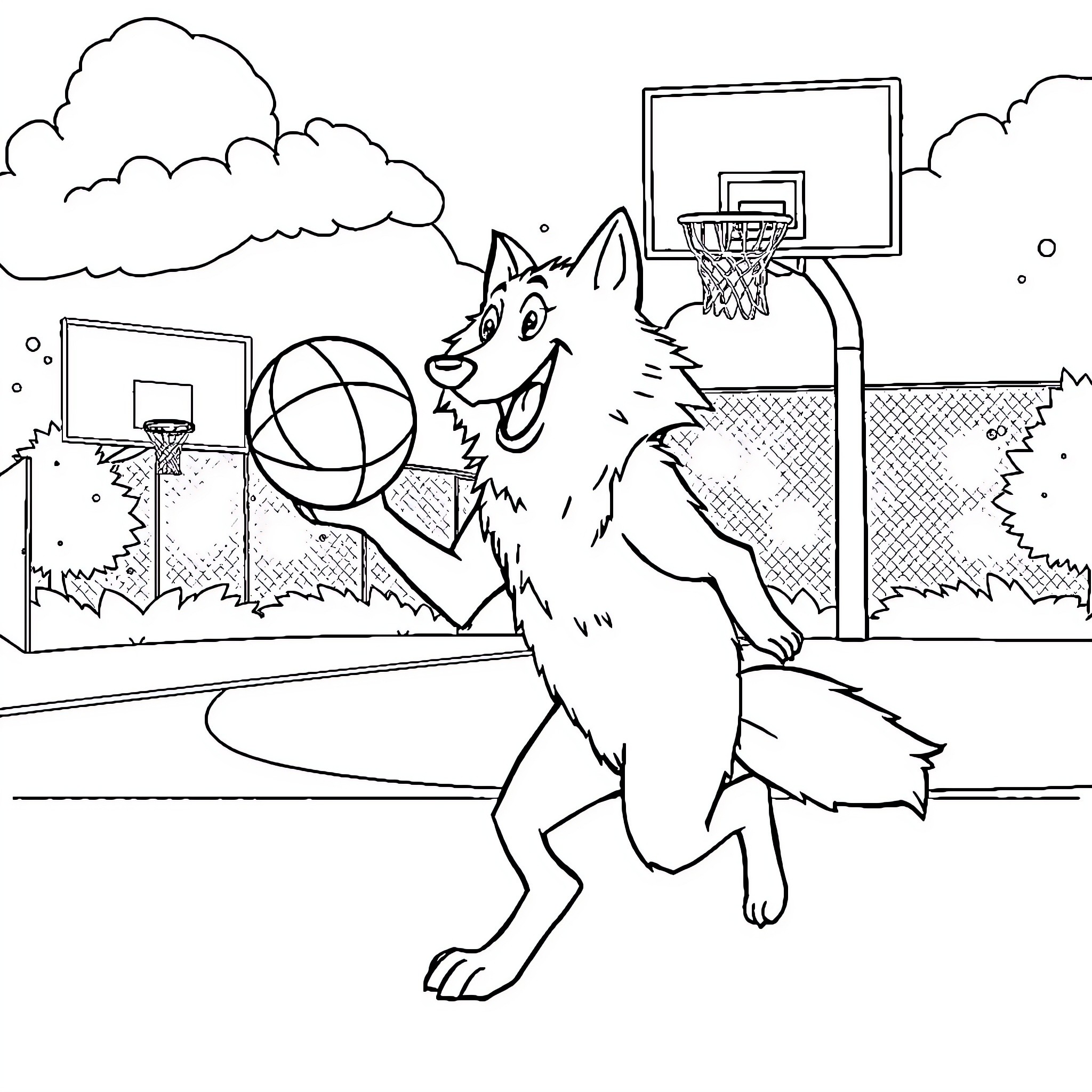 Wolf playing basketball on the court Coloring Page (free black-and-white line drawing printable PDF for all, from beginners to advanced learners, including children, teens, adults, and seniors)