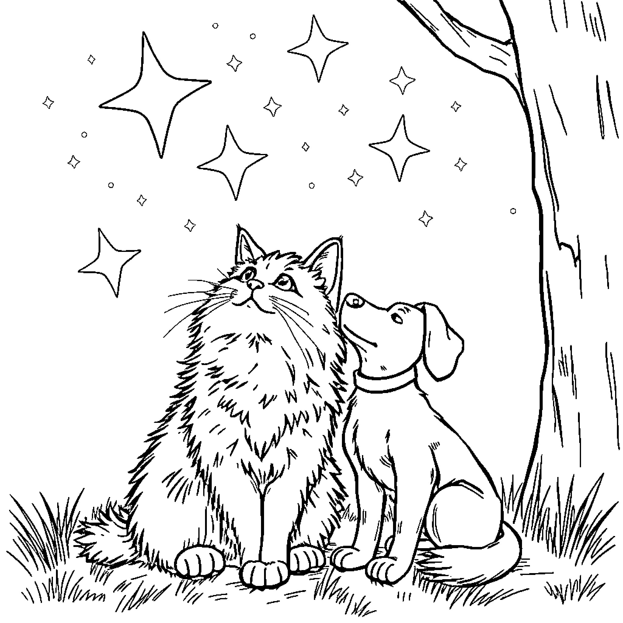 Cat and Dog Admiring the Starry Night Sky Coloring Page (free black-and-white line drawing printable PDF for all, from beginners to advanced learners, including children, teens, adults, and seniors)