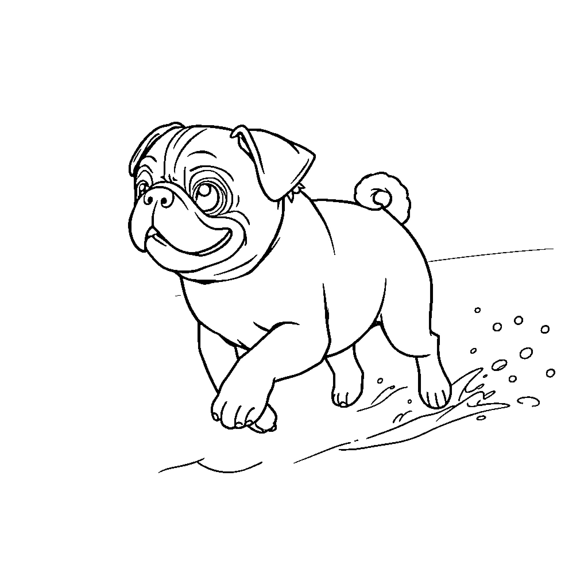Pug playing happily in the mud Coloring Page (free black-and-white line drawing printable PDF for all, from beginners to advanced learners, including children, teens, adults, and seniors)