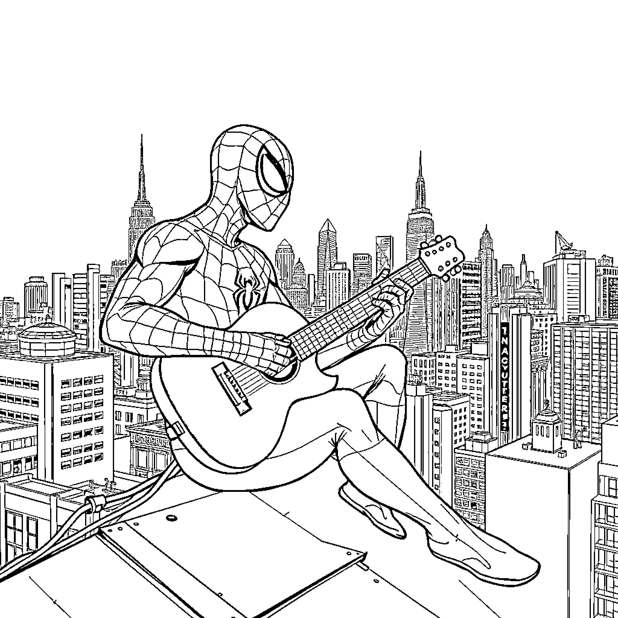 Spider-Man playing guitar on a city rooftop Coloring Page (free black-and-white line drawing printable PDF for all, from beginners to advanced learners, including children, teens, adults, and seniors)