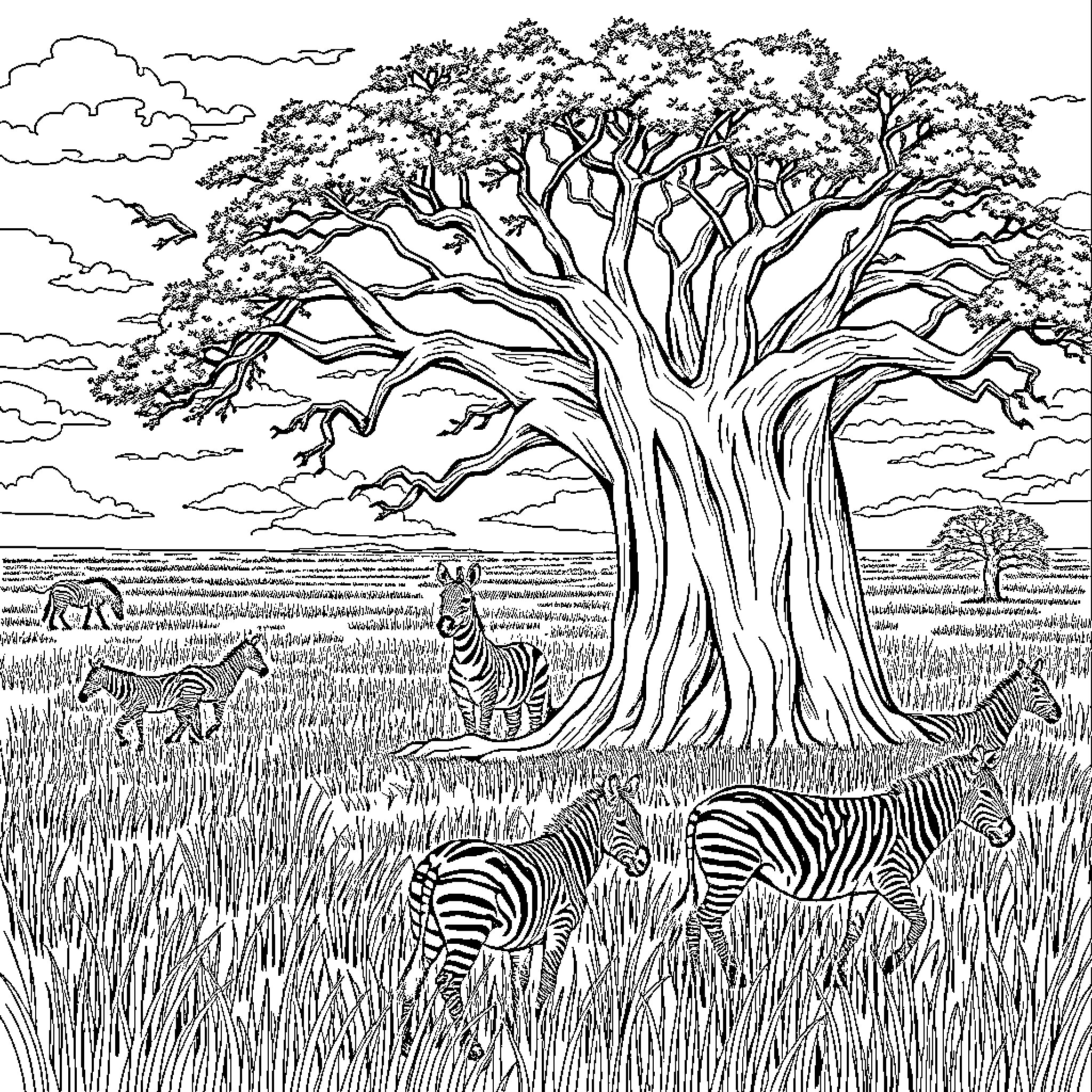 Lion in the Savannah with Zebras and Baobab Tree Coloring Page (free black-and-white line drawing printable PDF for all, from beginners to advanced learners, including children, teens, adults, and seniors)