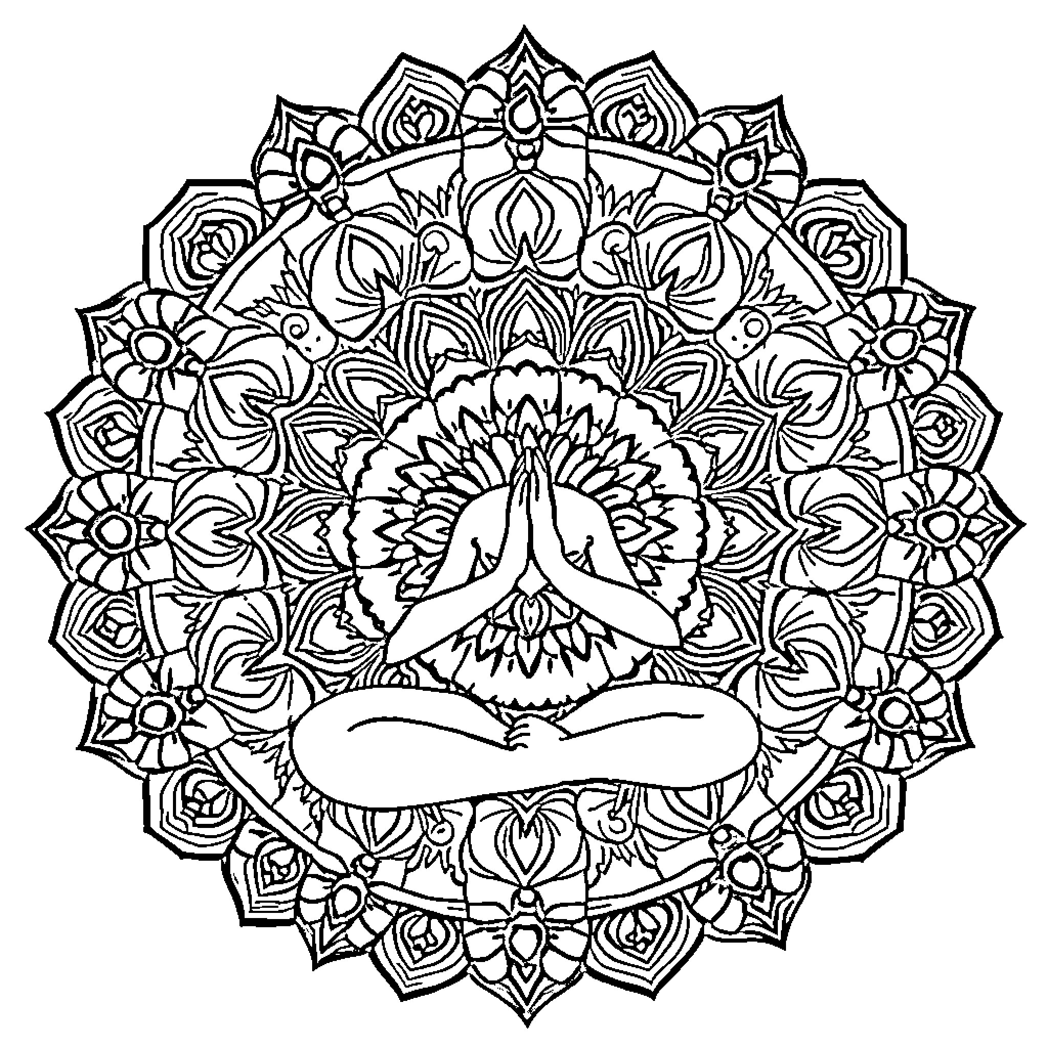 Mandala of a person meditating in a floral pattern Coloring Page (free black-and-white line drawing printable PDF for all, from beginners to advanced learners, including children, teens, adults, and seniors)